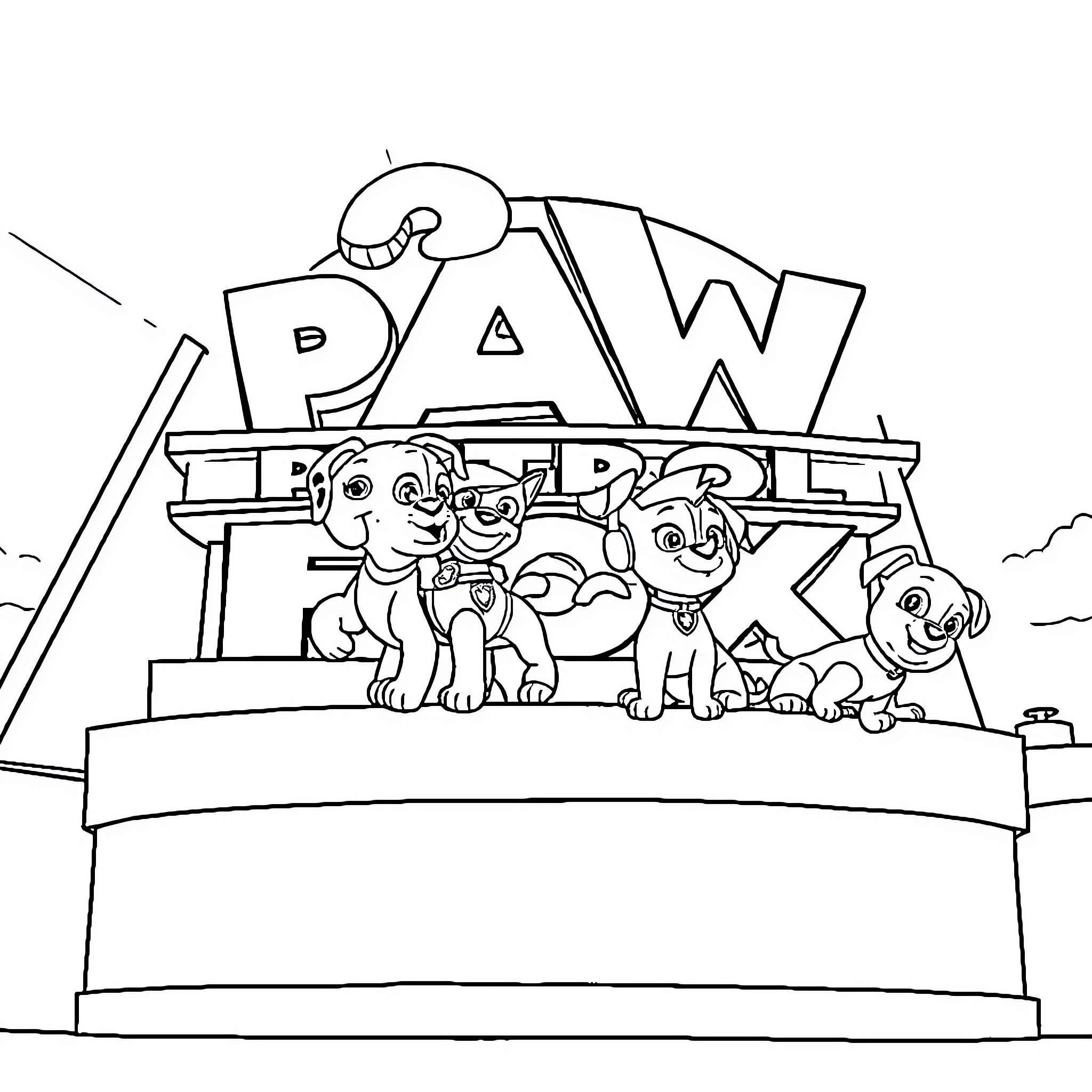 Paw Patrol Pups on Stage Coloring Page (free black-and-white line drawing printable PDF for all, from beginners to advanced learners, including children, teens, adults, and seniors)