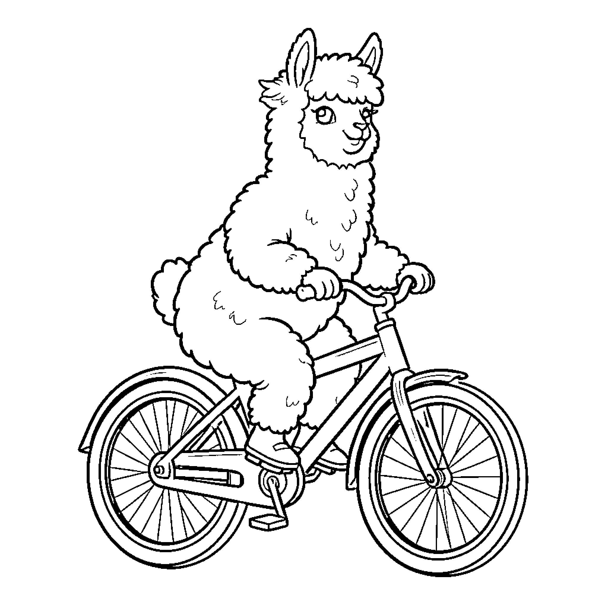 Alpaca riding a bicycle Coloring Page (free black-and-white line drawing printable PDF for all, from beginners to advanced learners, including children, teens, adults, and seniors)