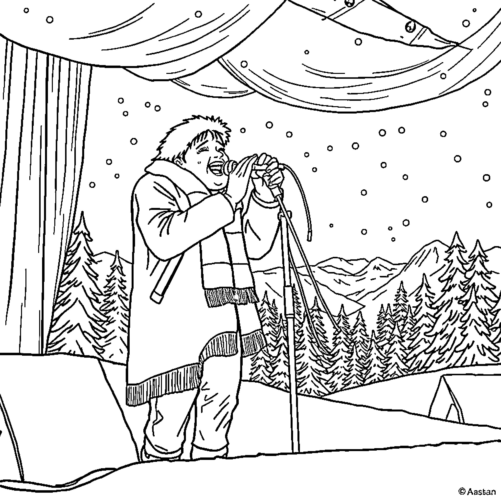 Chappel Roan enjoying the snowy mountain scenery Coloring Page (free black-and-white line drawing printable PDF for all, from beginners to advanced learners, including children, teens, adults, and seniors)