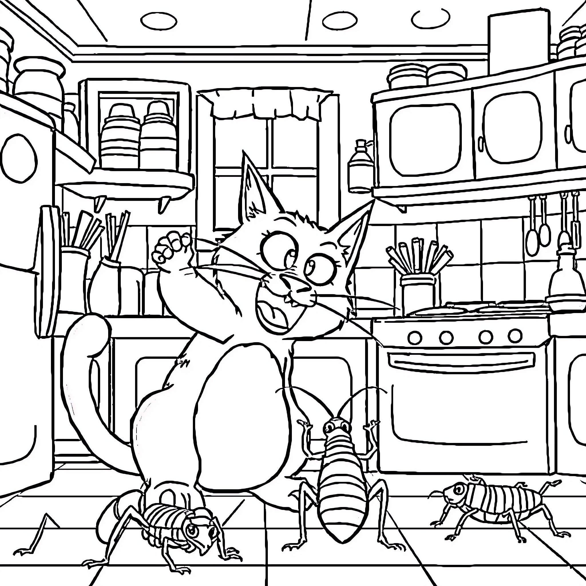 Oggy's Kitchen Chaos with Cockroaches Coloring Page (free black-and-white line drawing printable PDF for all, from beginners to advanced learners, including children, teens, adults, and seniors)