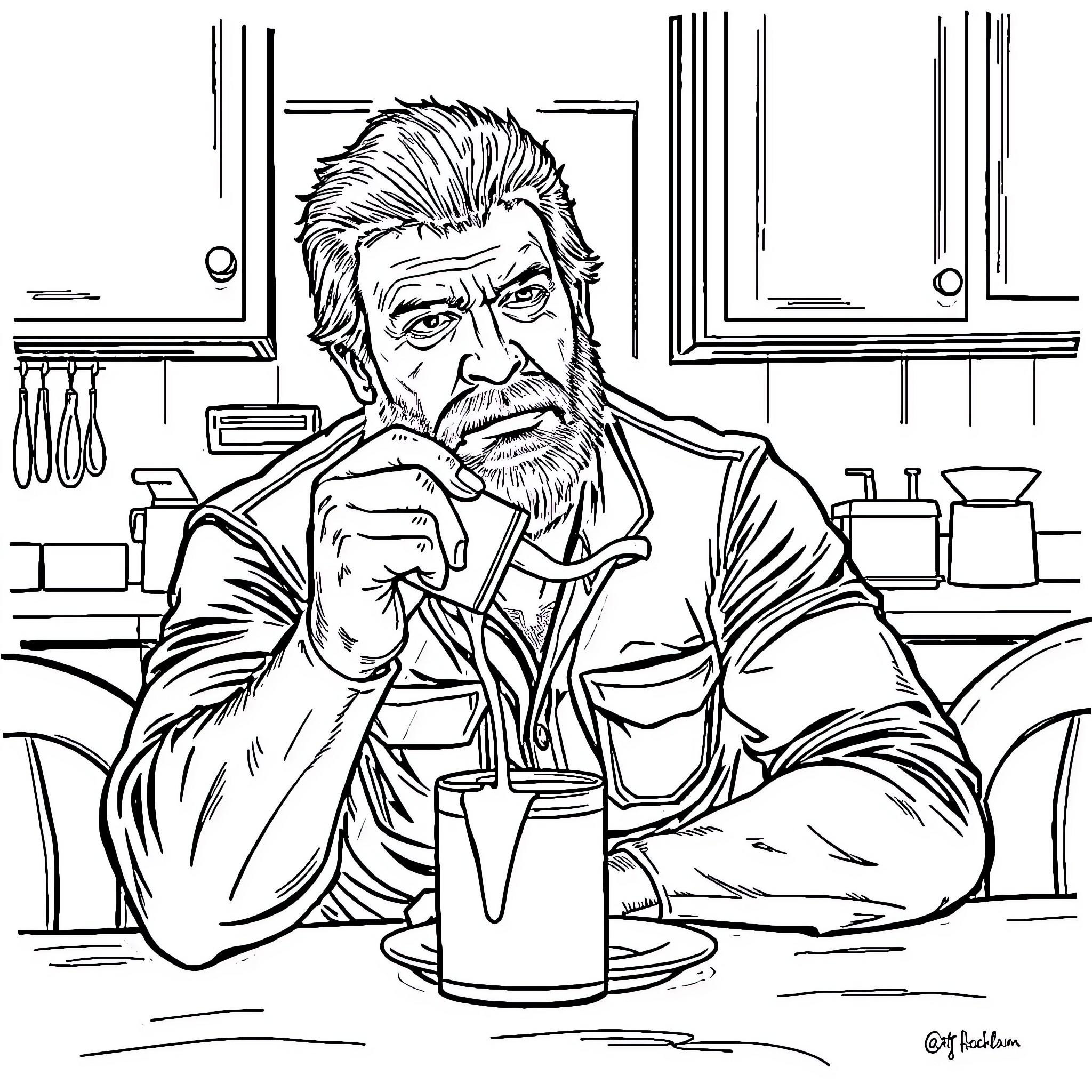Chuck Norris enjoying a hot beverage in a cozy kitchen Coloring Page (free black-and-white line drawing printable PDF for all, from beginners to advanced learners, including children, teens, adults, and seniors)