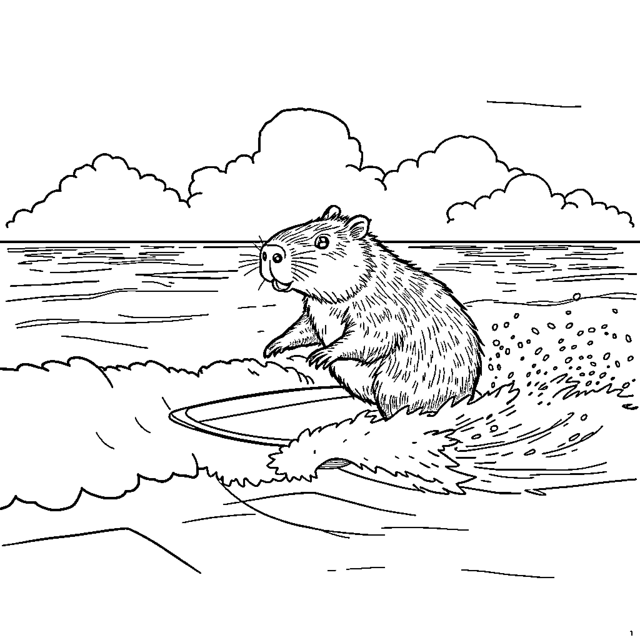 Capybara floating calmly on water surface Coloring Page (free black-and-white line drawing printable PDF for all, from beginners to advanced learners, including children, teens, adults, and seniors)