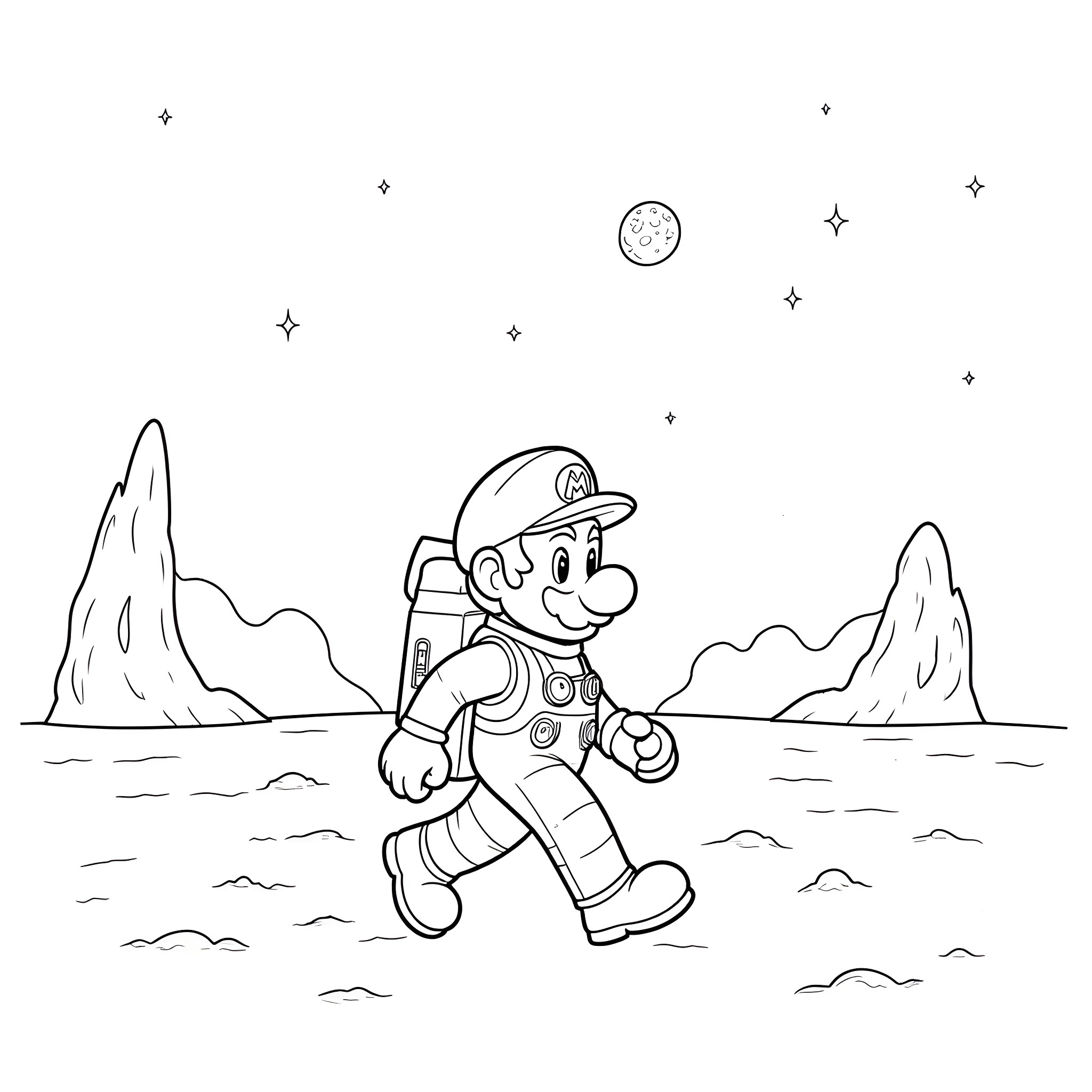 Astronaut exploring the moon landscape Coloring Page (free black-and-white line drawing printable PDF for all, from beginners to advanced learners, including children, teens, adults, and seniors)