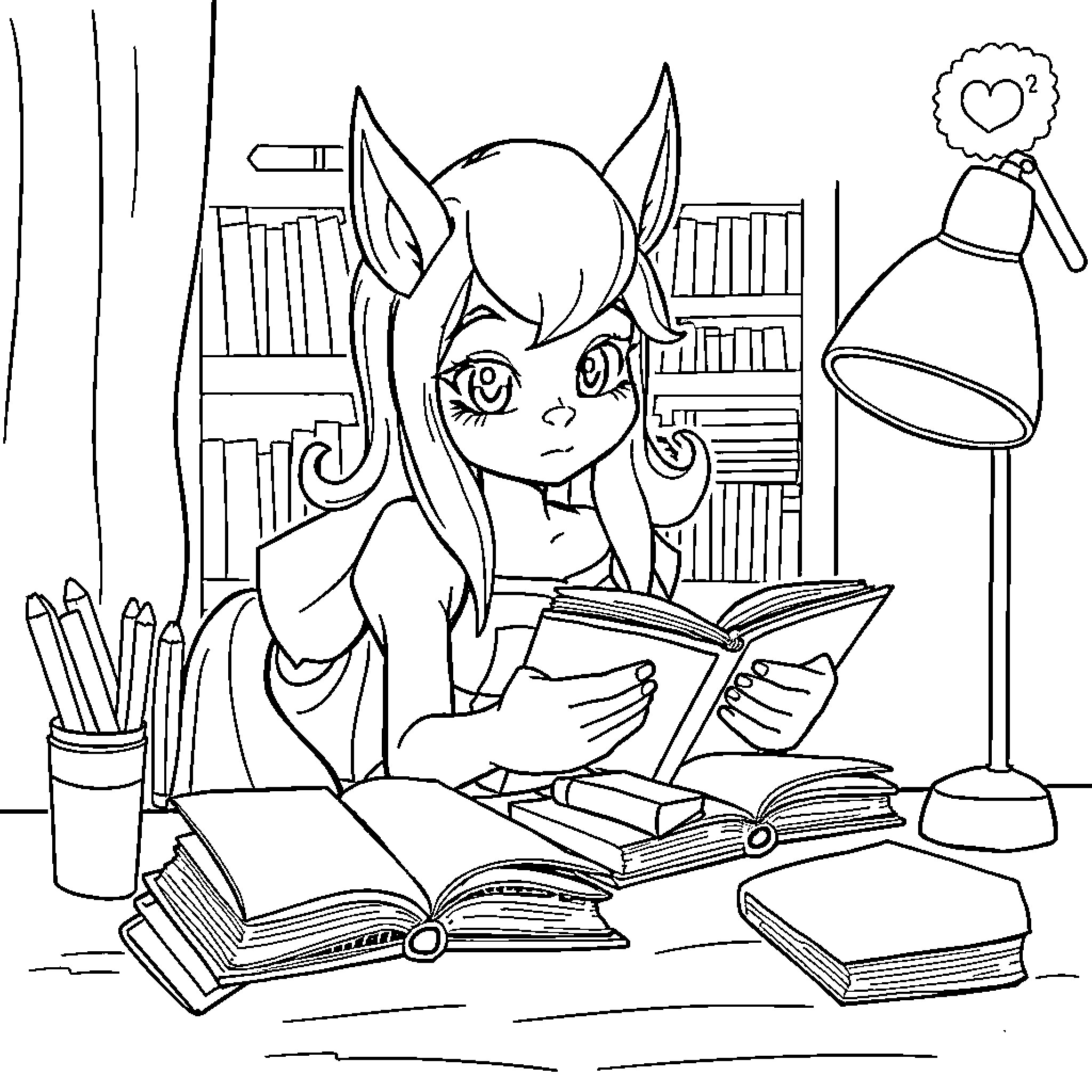 Huntrix's Studious Endeavors Coloring Page (free black-and-white line drawing printable PDF for all, from beginners to advanced learners, including children, teens, adults, and seniors)