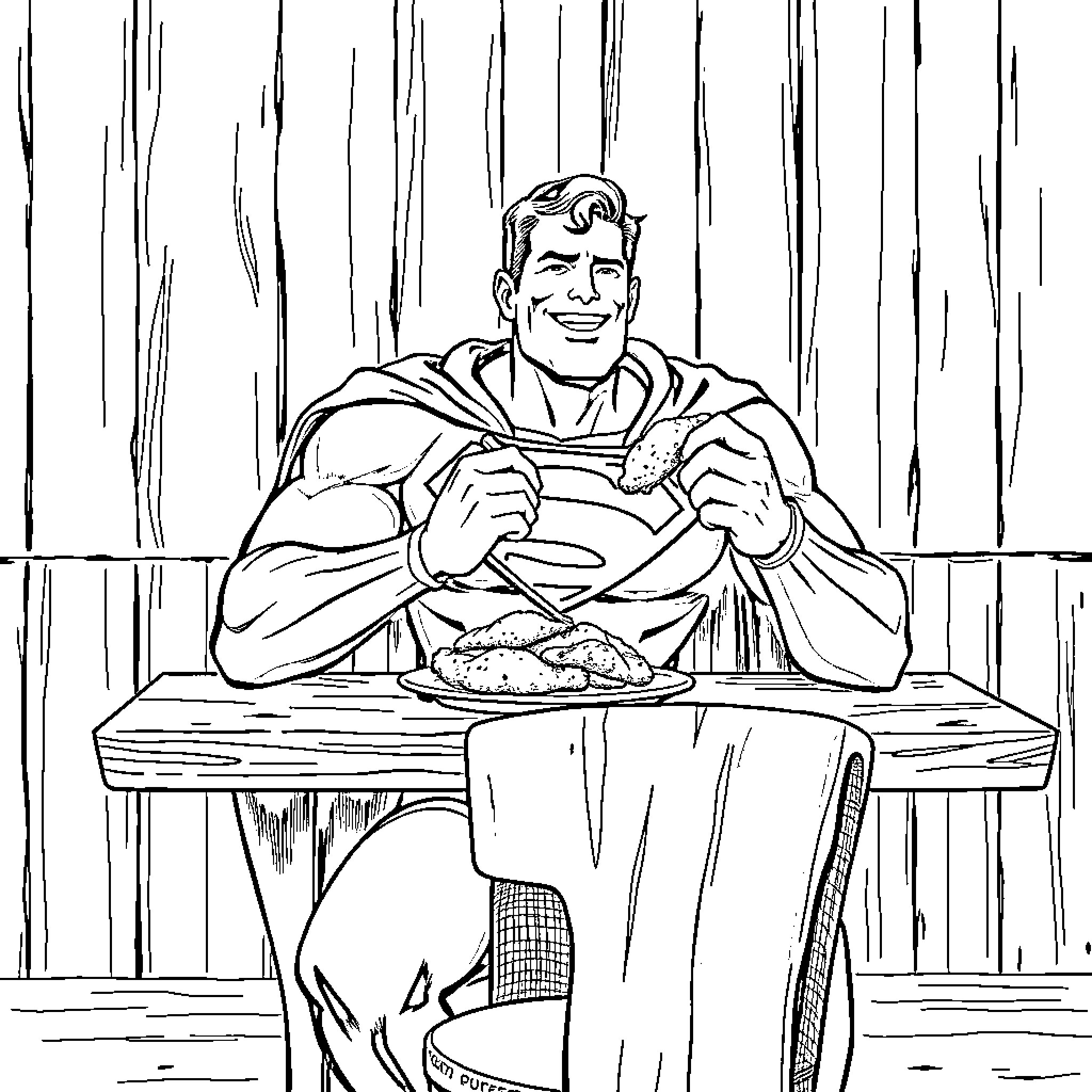 Superman enjoying a hearty meal Coloring Page (free black-and-white line drawing printable PDF for all, from beginners to advanced learners, including children, teens, adults, and seniors)