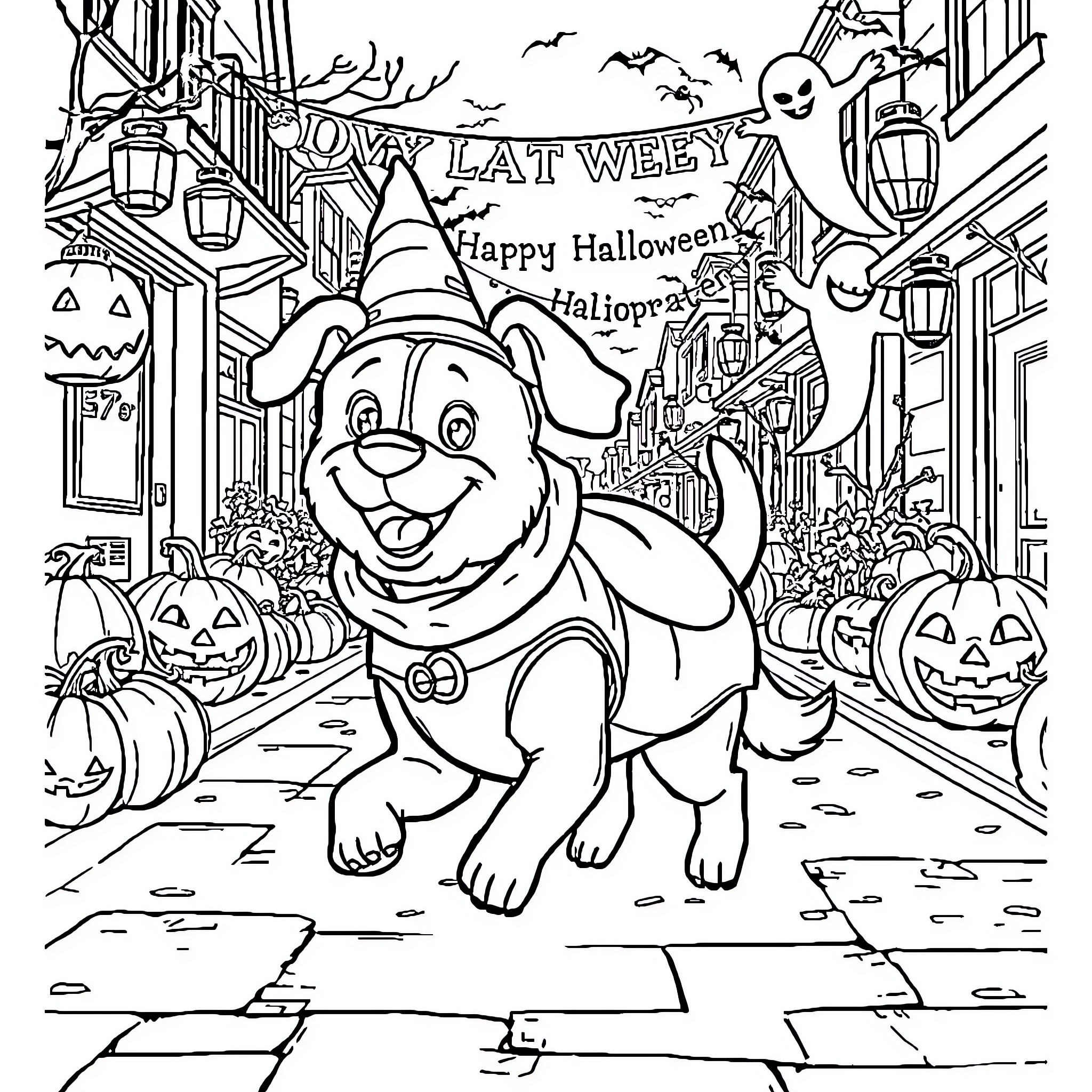Dog in Halloween costume walking on spooky street Coloring Page (free black-and-white line drawing printable PDF for all, from beginners to advanced learners, including children, teens, adults, and seniors)