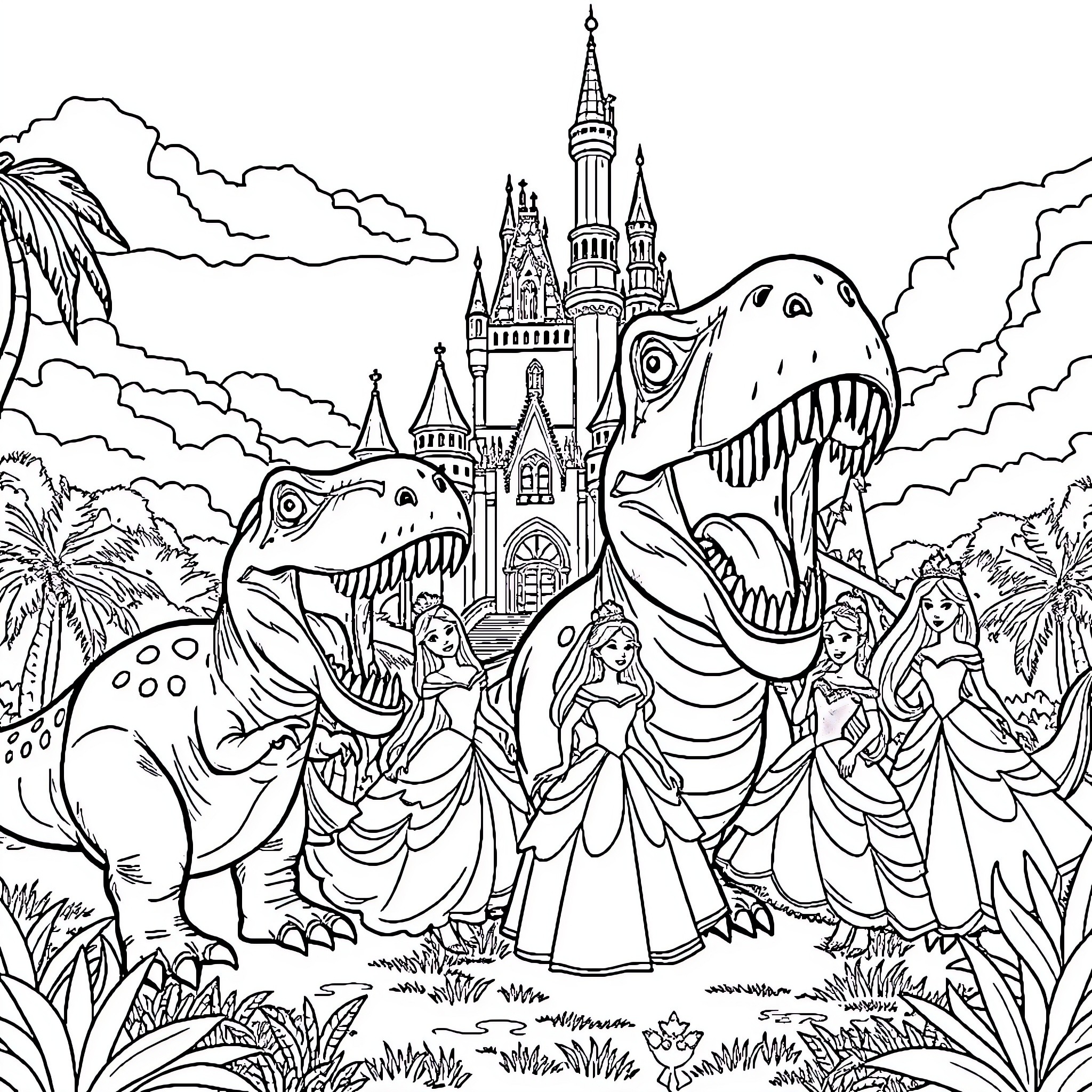 Dinosaurs roaming the enchanted castle grounds Coloring Page (free black-and-white line drawing printable PDF for all, from beginners to advanced learners, including children, teens, adults, and seniors)