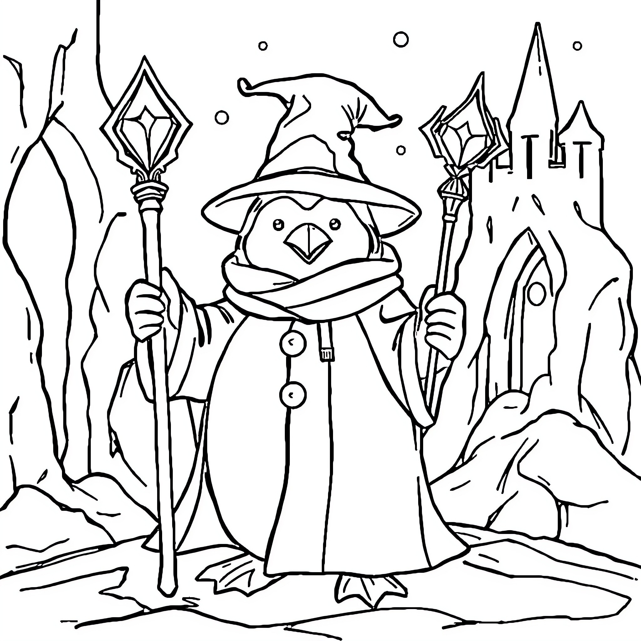 Penguin wizard with magical staff in winter landscape Coloring Page (free black-and-white line drawing printable PDF for all, from beginners to advanced learners, including children, teens, adults, and seniors)