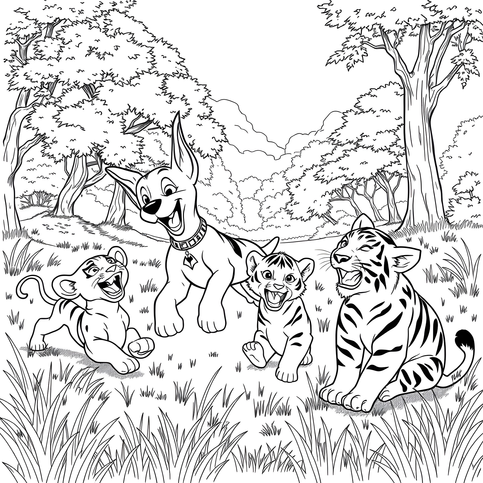 Krypto and his animal friends playing in the forest Coloring Page (free black-and-white line drawing printable PDF for all, from beginners to advanced learners, including children, teens, adults, and seniors)