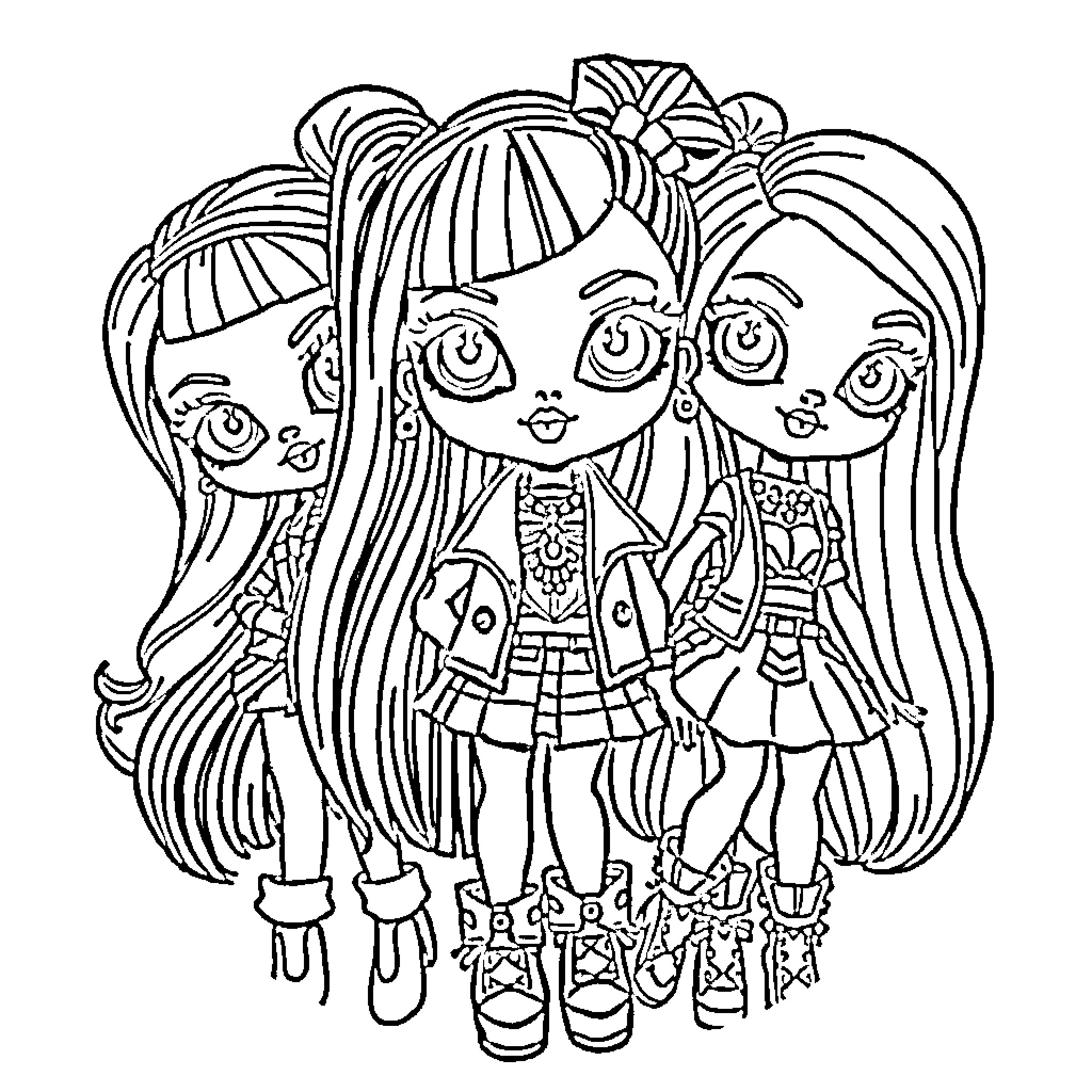 Bratz girls posing in fashionable outfits Coloring Page (free black-and-white line drawing printable PDF for all, from beginners to advanced learners, including children, teens, adults, and seniors)