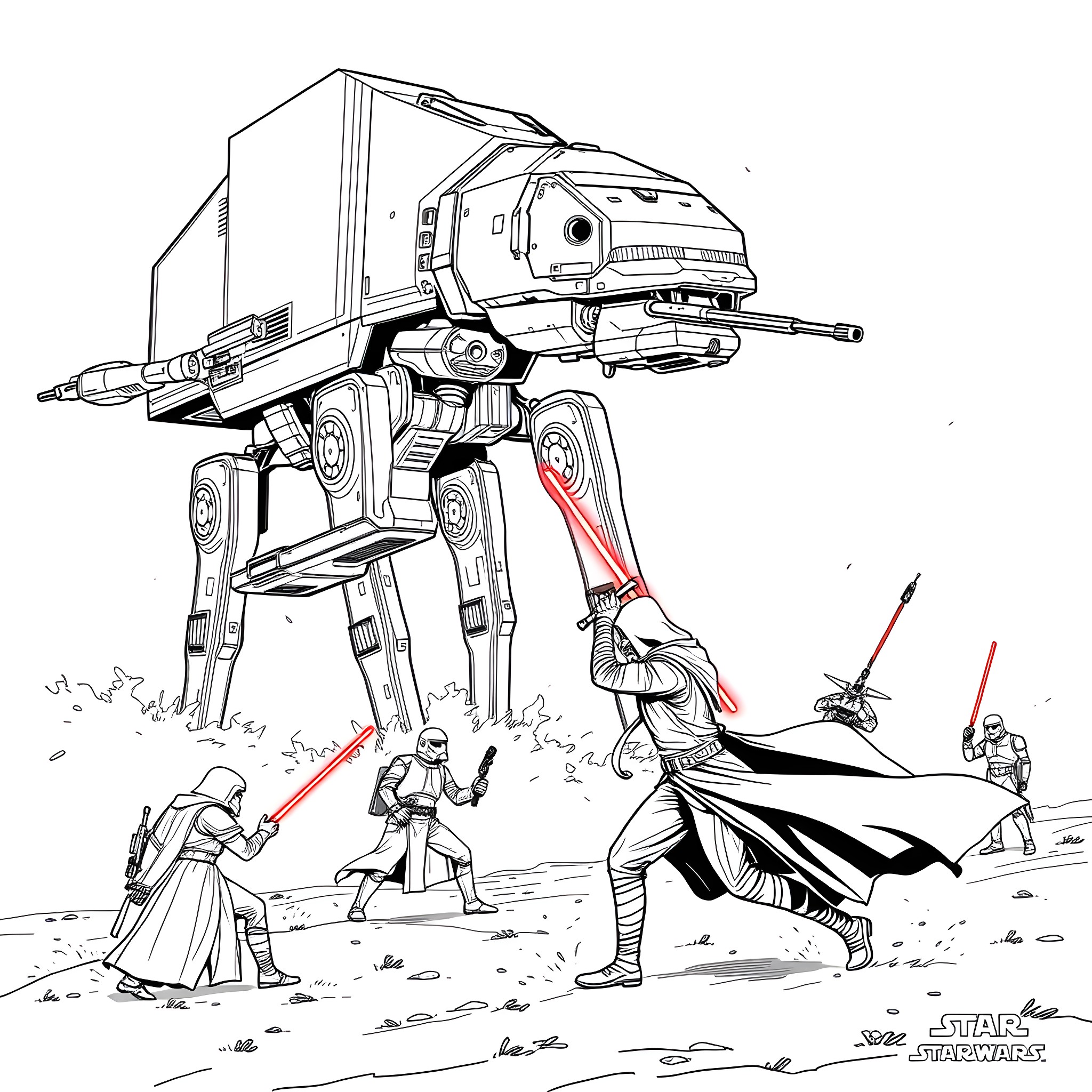 Kylo Ren battles Jedi warriors in a snowy landscape Coloring Page (free black-and-white line drawing printable PDF for all, from beginners to advanced learners, including children, teens, adults, and seniors)