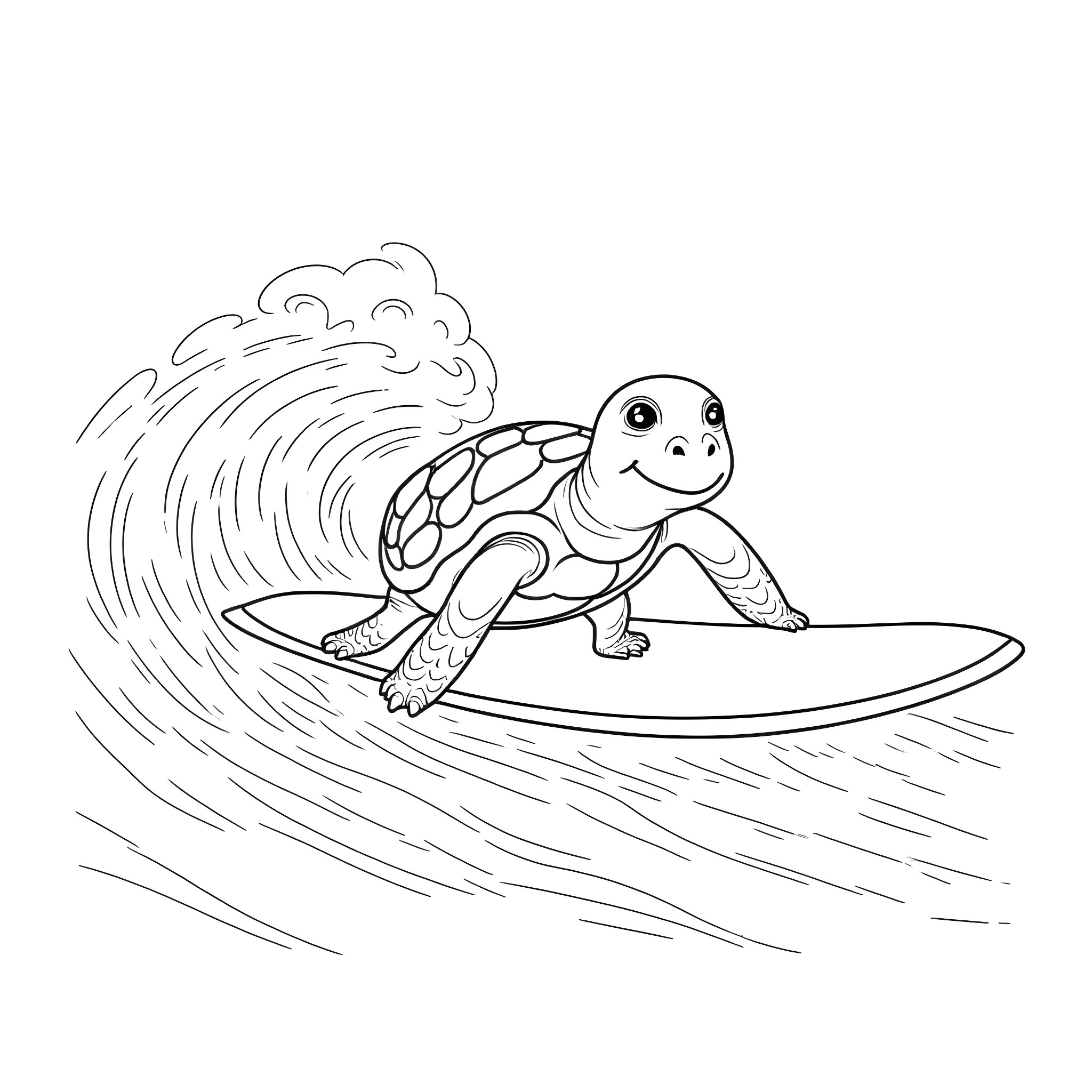 Turtle surfing on a wave Coloring Page (free black-and-white line drawing printable PDF for all, from beginners to advanced learners, including children, teens, adults, and seniors)