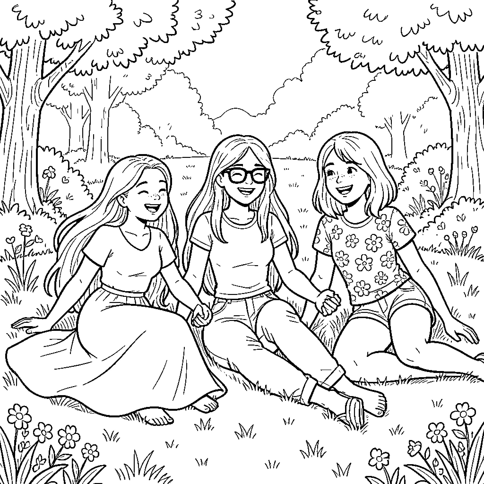 Fille amies jouant ensemble dans la forêt Coloring Page (free black-and-white line drawing printable PDF for all, from beginners to advanced learners, including children, teens, adults, and seniors)