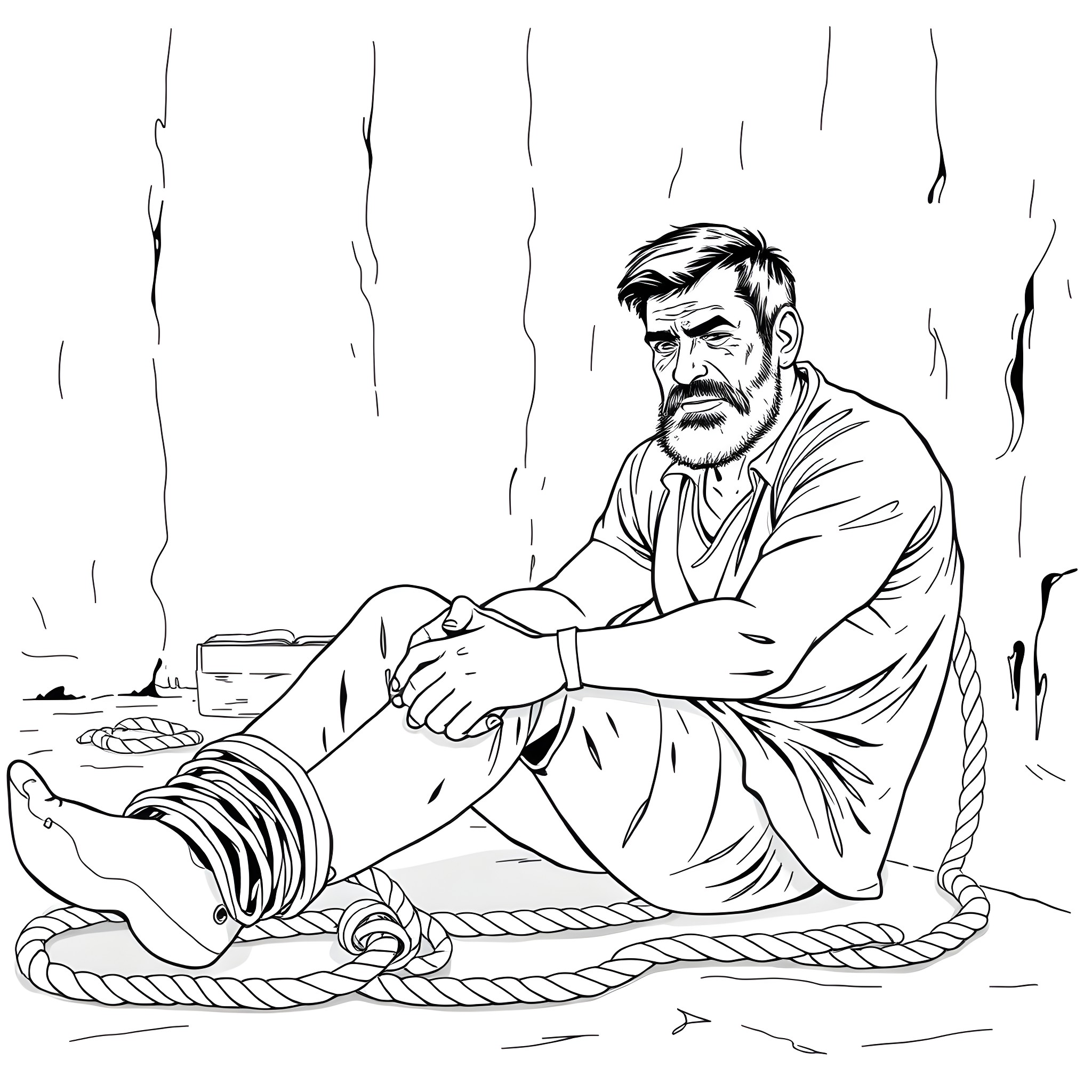 Guy sitting pensively on the shore Coloring Page (free black-and-white line drawing printable PDF for all, from beginners to advanced learners, including children, teens, adults, and seniors)