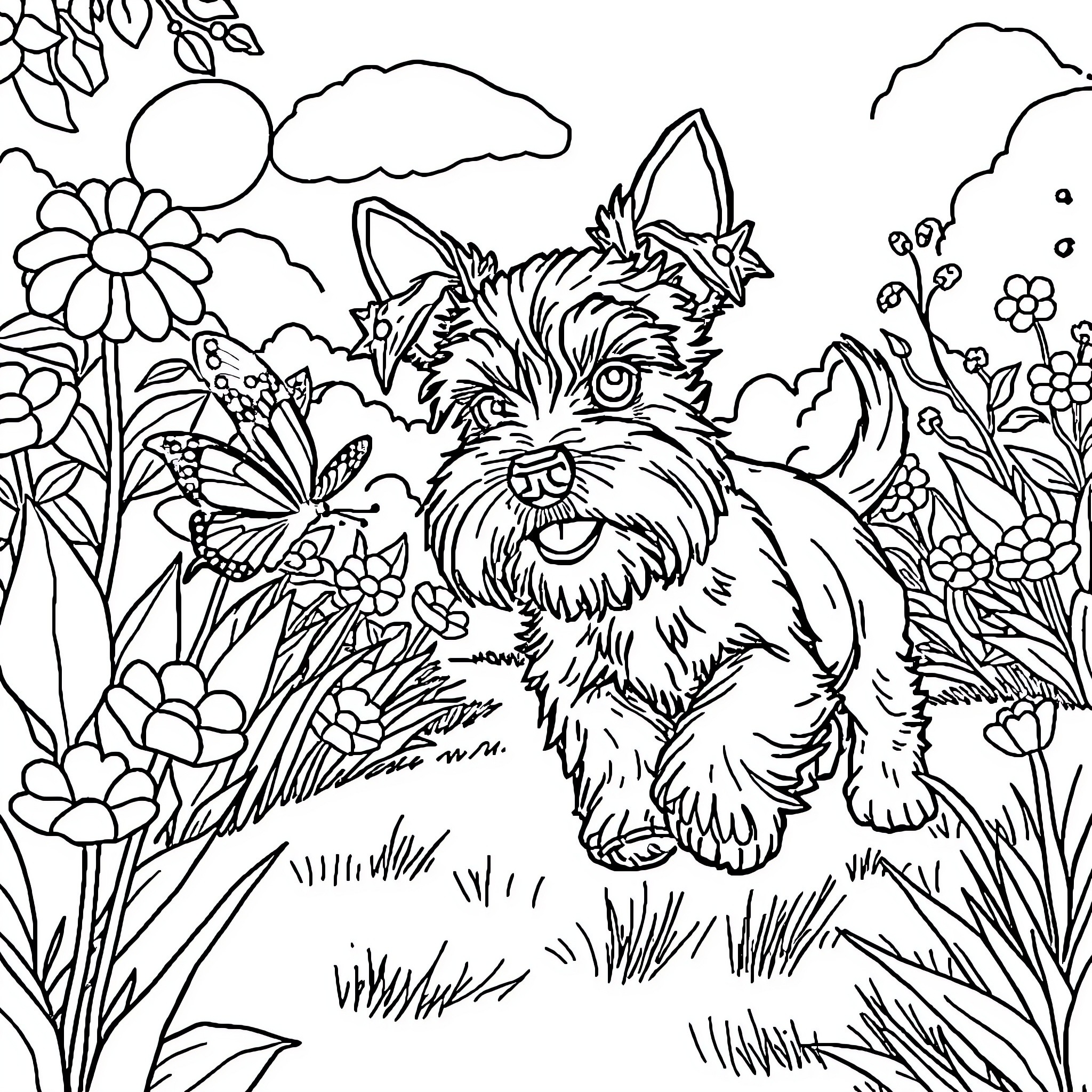 Schnauzer playing amidst vibrant flowers and nature Coloring Page (free black-and-white line drawing printable PDF for all, from beginners to advanced learners, including children, teens, adults, and seniors)