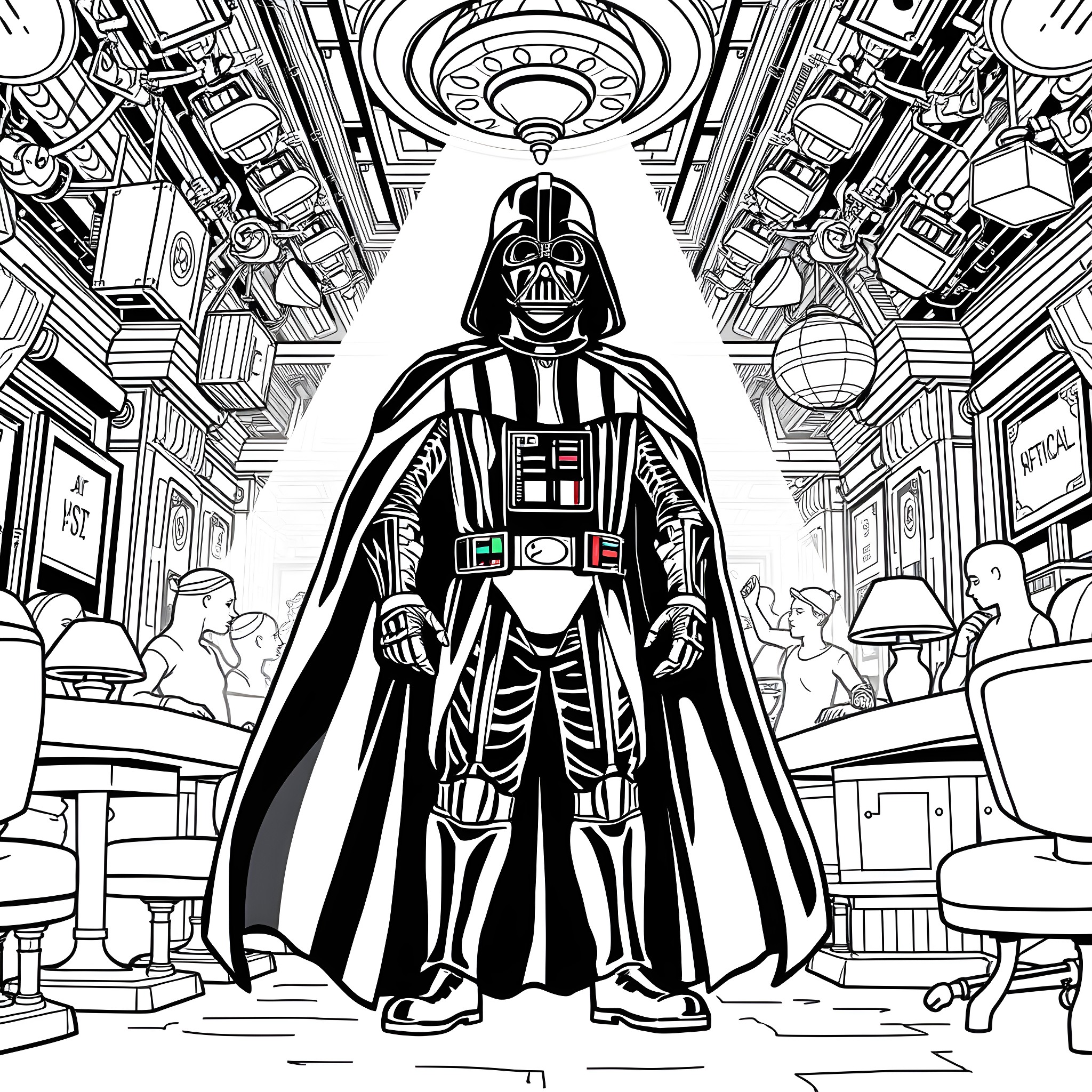Darth Vader's Iconic Presence in the Star Wars Universe Coloring Page (free black-and-white line drawing printable PDF for all, from beginners to advanced learners, including children, teens, adults, and seniors)