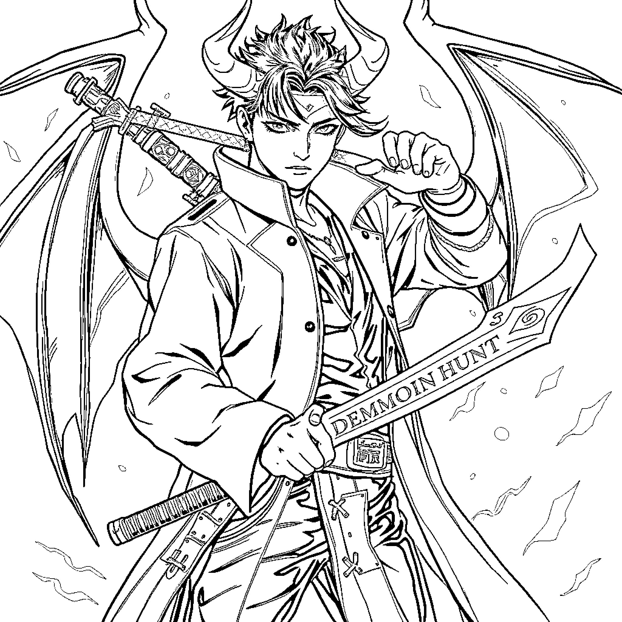 Rumi's Demonic Hunt with Sword and Wings Coloring Page (free black-and-white line drawing printable PDF for all, from beginners to advanced learners, including children, teens, adults, and seniors)