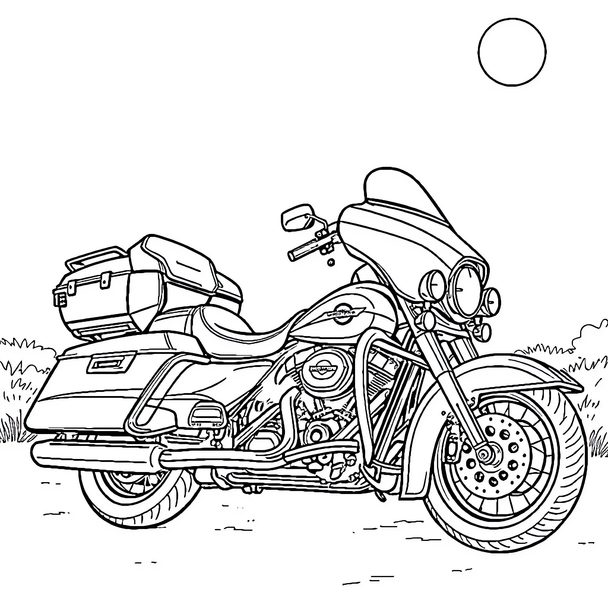 Harley Davidson motorcycle on the road Coloring Page (free black-and-white line drawing printable PDF for all, from beginners to advanced learners, including children, teens, adults, and seniors)