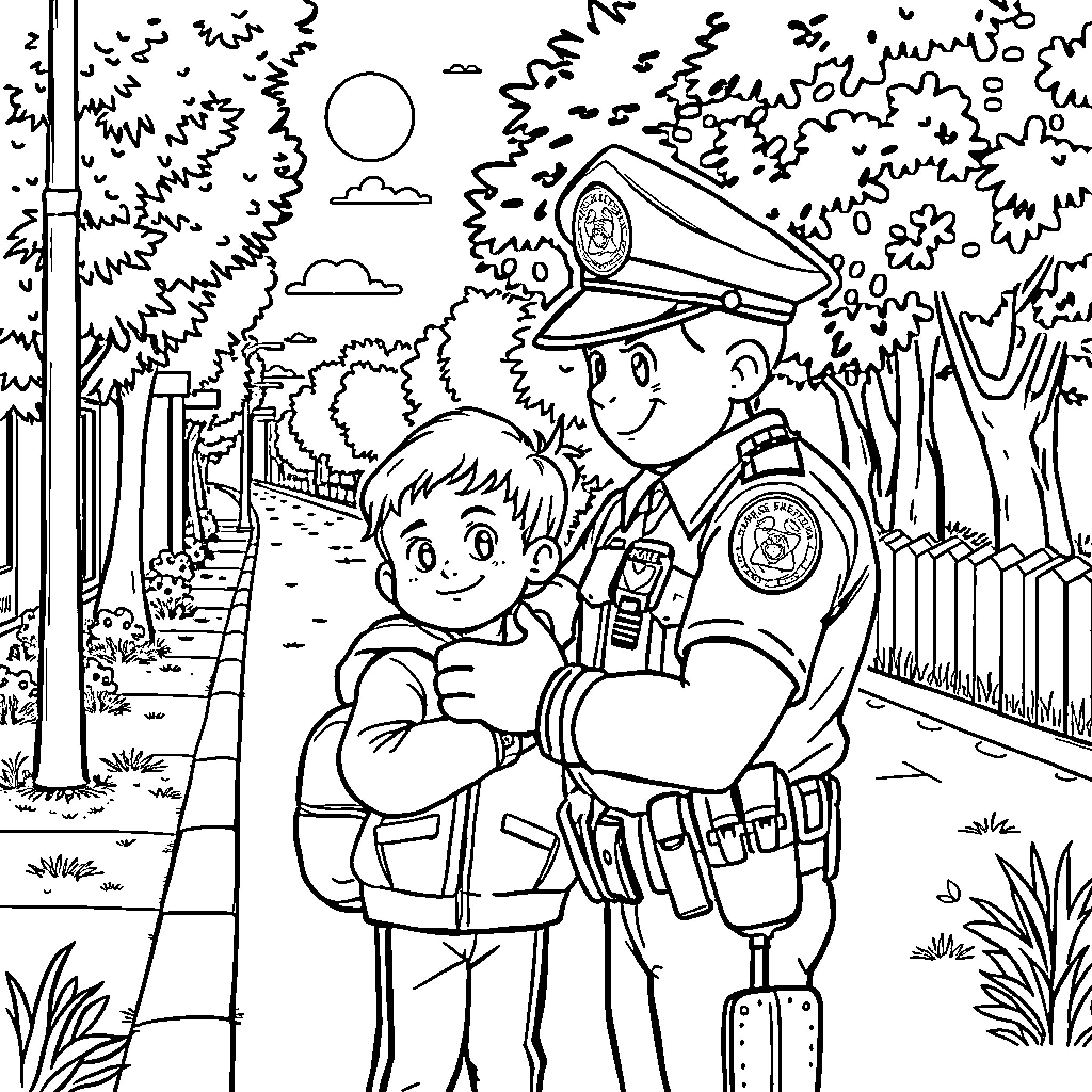 Policía ayudando a una persona en el parque Coloring Page (free black-and-white line drawing printable PDF for all, from beginners to advanced learners, including children, teens, adults, and seniors)