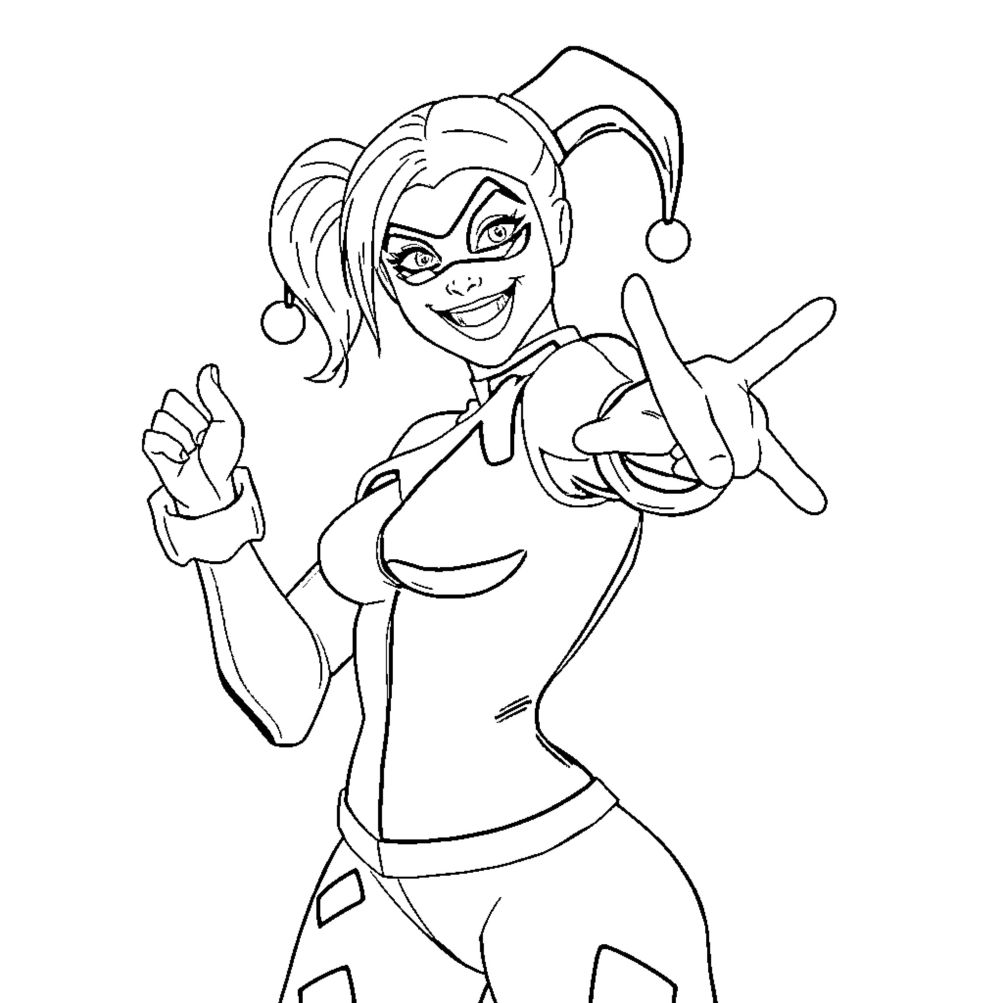 Harley Quinn striking a playful pose Coloring Page (free black-and-white line drawing printable PDF for all, from beginners to advanced learners, including children, teens, adults, and seniors)