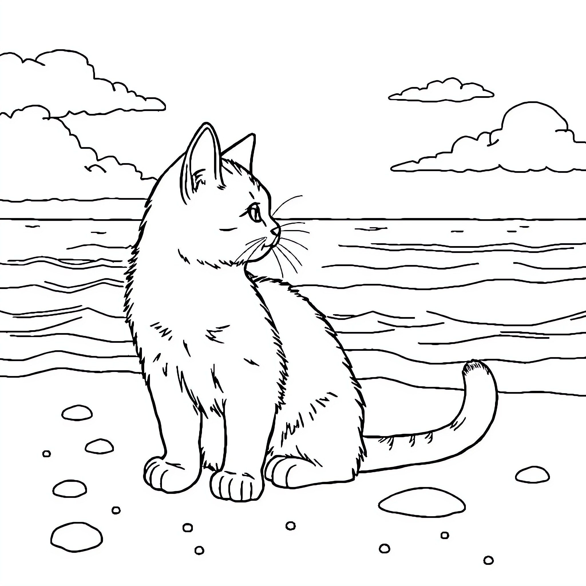 Cat admiring the serene landscape Coloring Page (free black-and-white line drawing printable PDF for all, from beginners to advanced learners, including children, teens, adults, and seniors)
