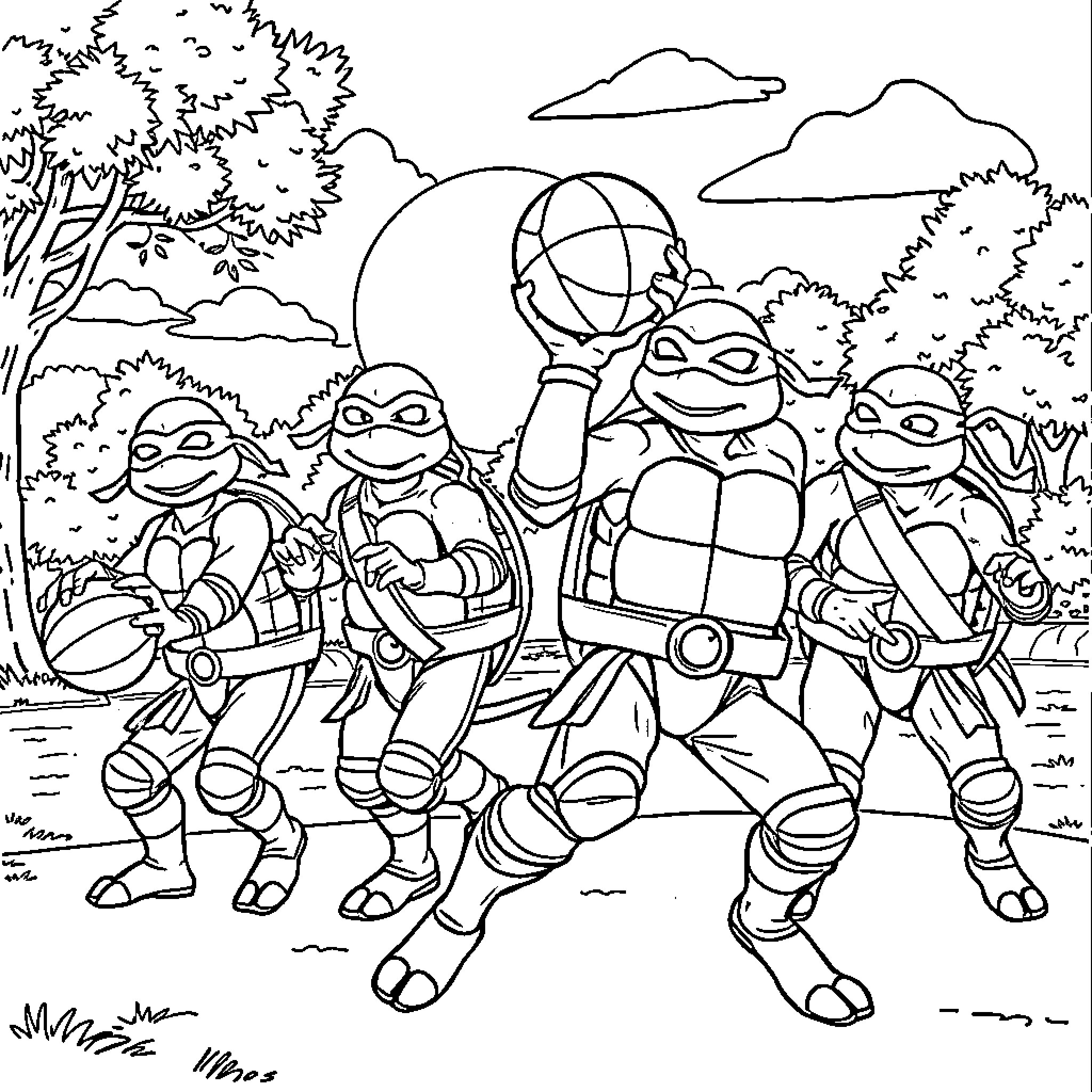Ninja Turtles embarking on an adventure in the forest Coloring Page (free black-and-white line drawing printable PDF for all, from beginners to advanced learners, including children, teens, adults, and seniors)