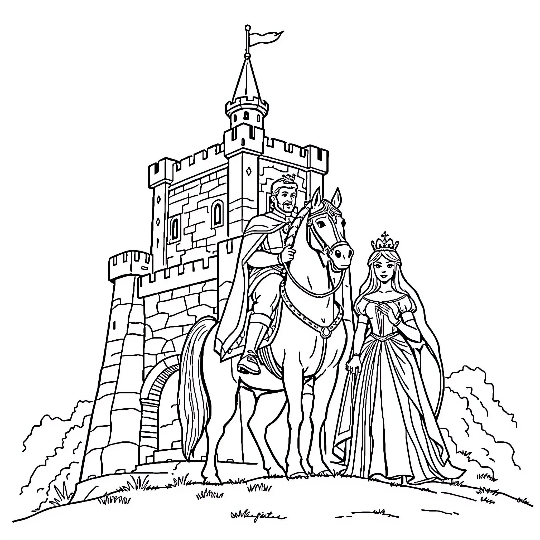 Castle with Knight and Princess on Horseback Coloring Page (free black-and-white line drawing printable PDF for all, from beginners to advanced learners, including children, teens, adults, and seniors)