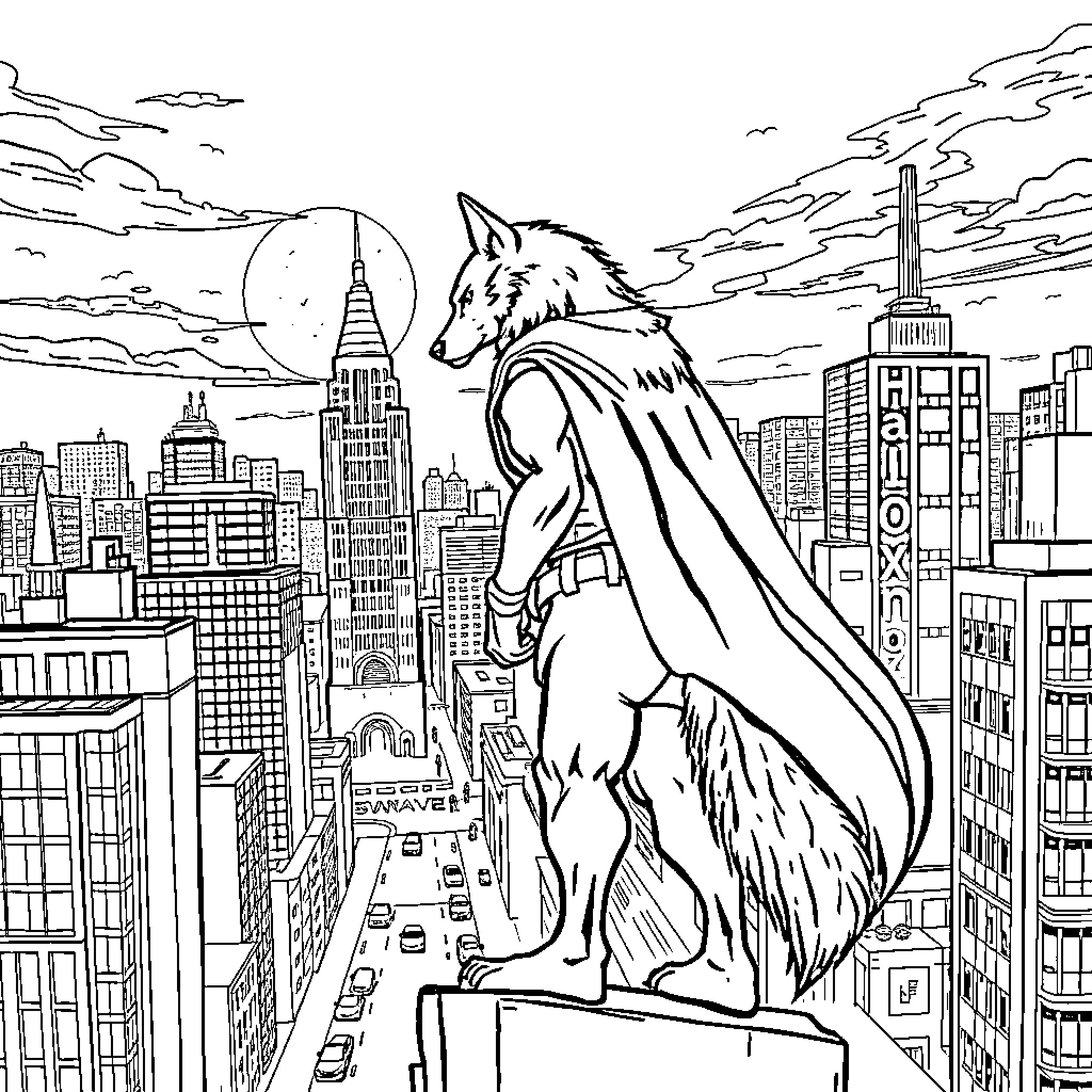 Wolf perched on skyscraper overlooking cityscape Coloring Page (free black-and-white line drawing printable PDF for all, from beginners to advanced learners, including children, teens, adults, and seniors)