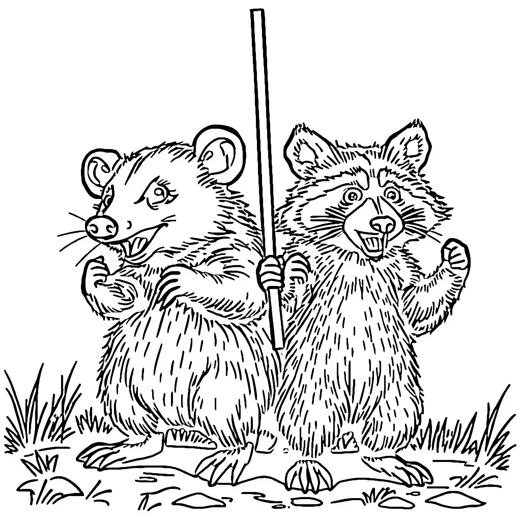 Opossum and Raccoon Caught Foraging in the Grass Coloring Page (free black-and-white line drawing printable PDF for all, from beginners to advanced learners, including children, teens, adults, and seniors)