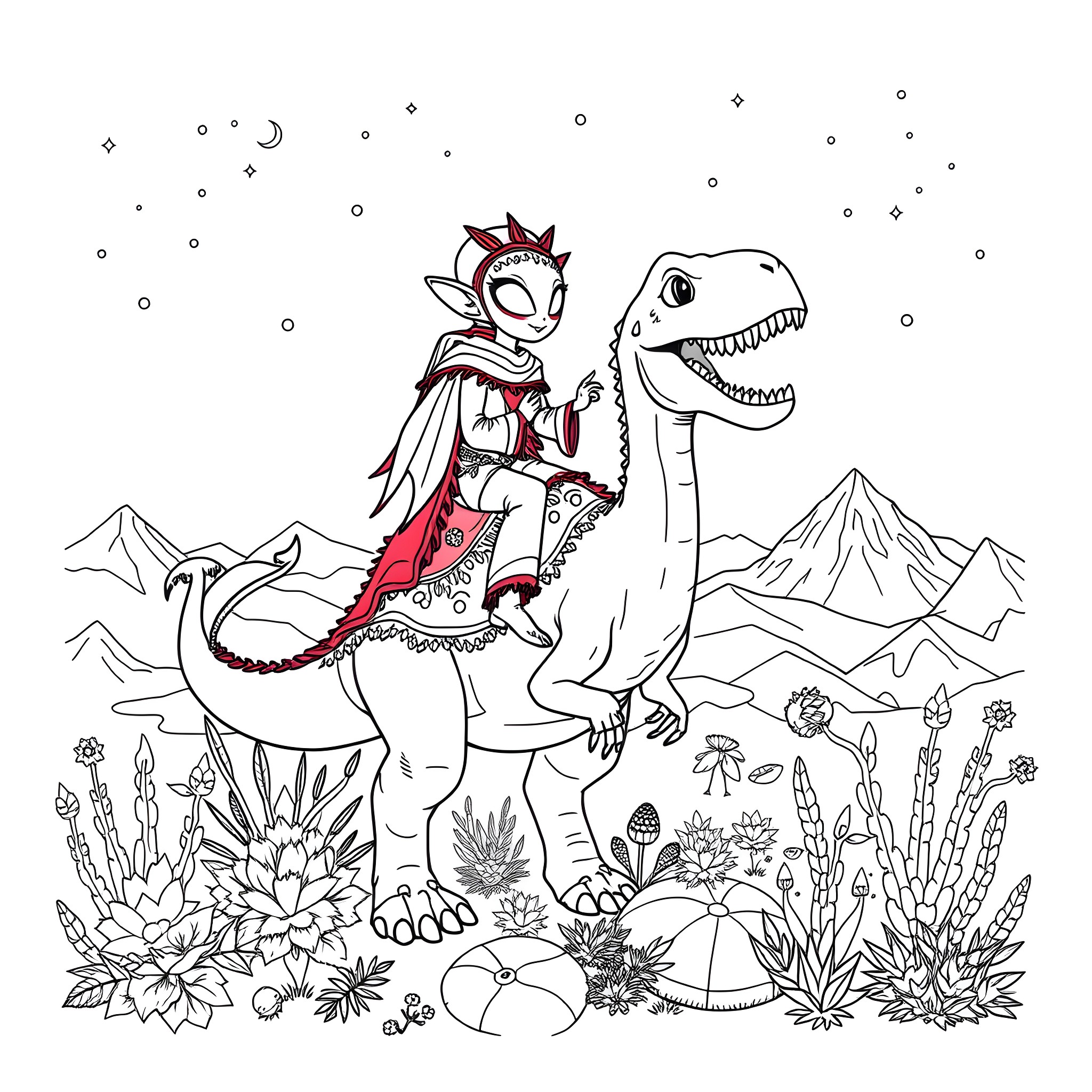 Alien Creature Riding a Dinosaur in a Fantastical Landscape Coloring Page (free black-and-white line drawing printable PDF for all, from beginners to advanced learners, including children, teens, adults, and seniors)