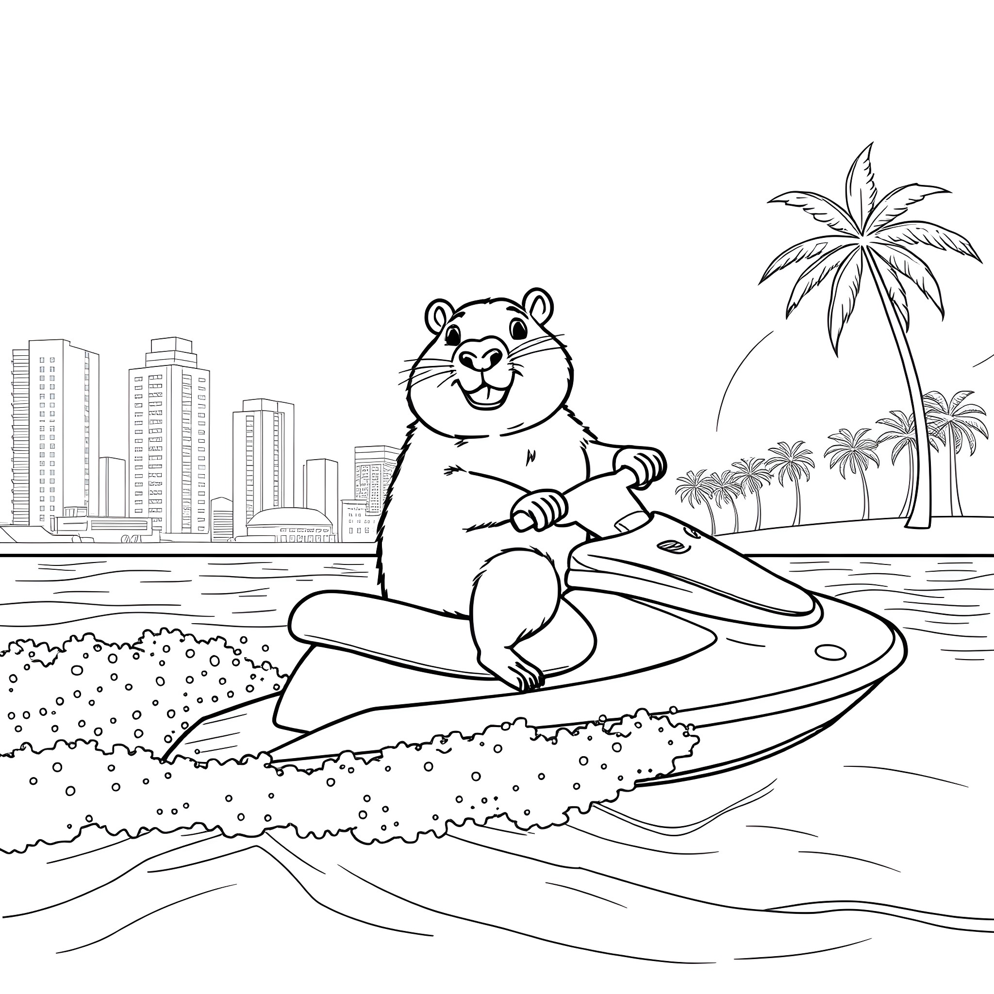 Capybara riding a jet ski on the beach Coloring Page (free black-and-white line drawing printable PDF for all, from beginners to advanced learners, including children, teens, adults, and seniors)