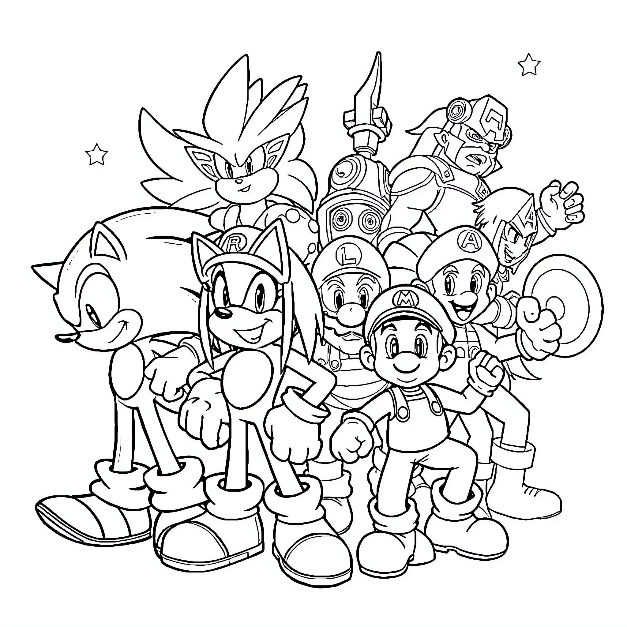 Character Collection of Iconic Video Game Figures Coloring Page (free black-and-white line drawing printable PDF for all, from beginners to advanced learners, including children, teens, adults, and seniors)