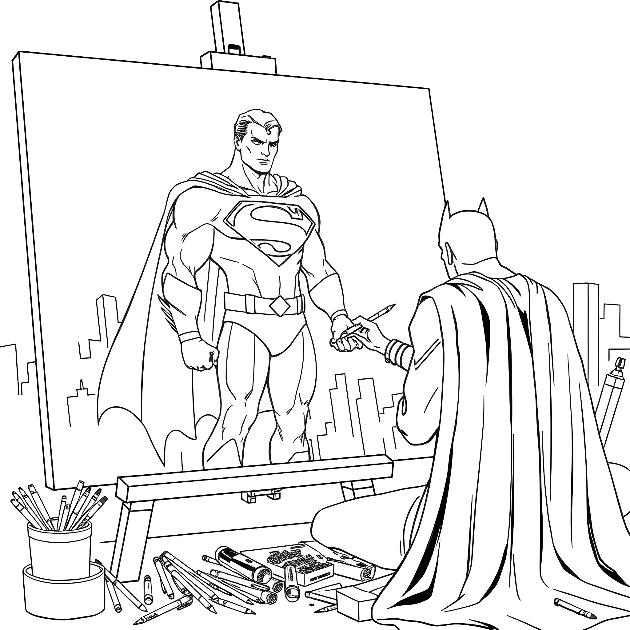 Batman and Superman sketching superheroes in the city Coloring Page (free black-and-white line drawing printable PDF for all, from beginners to advanced learners, including children, teens, adults, and seniors)