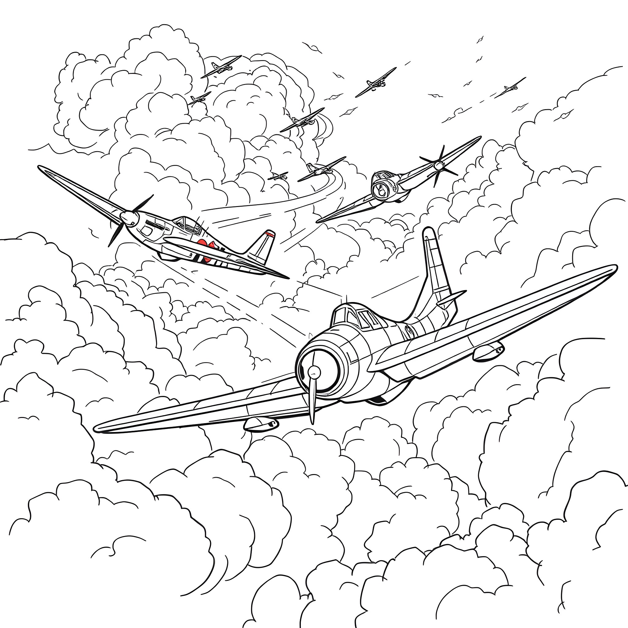 Dogfight between WWII fighter planes in the clouds Coloring Page (free black-and-white line drawing printable PDF for all, from beginners to advanced learners, including children, teens, adults, and seniors)