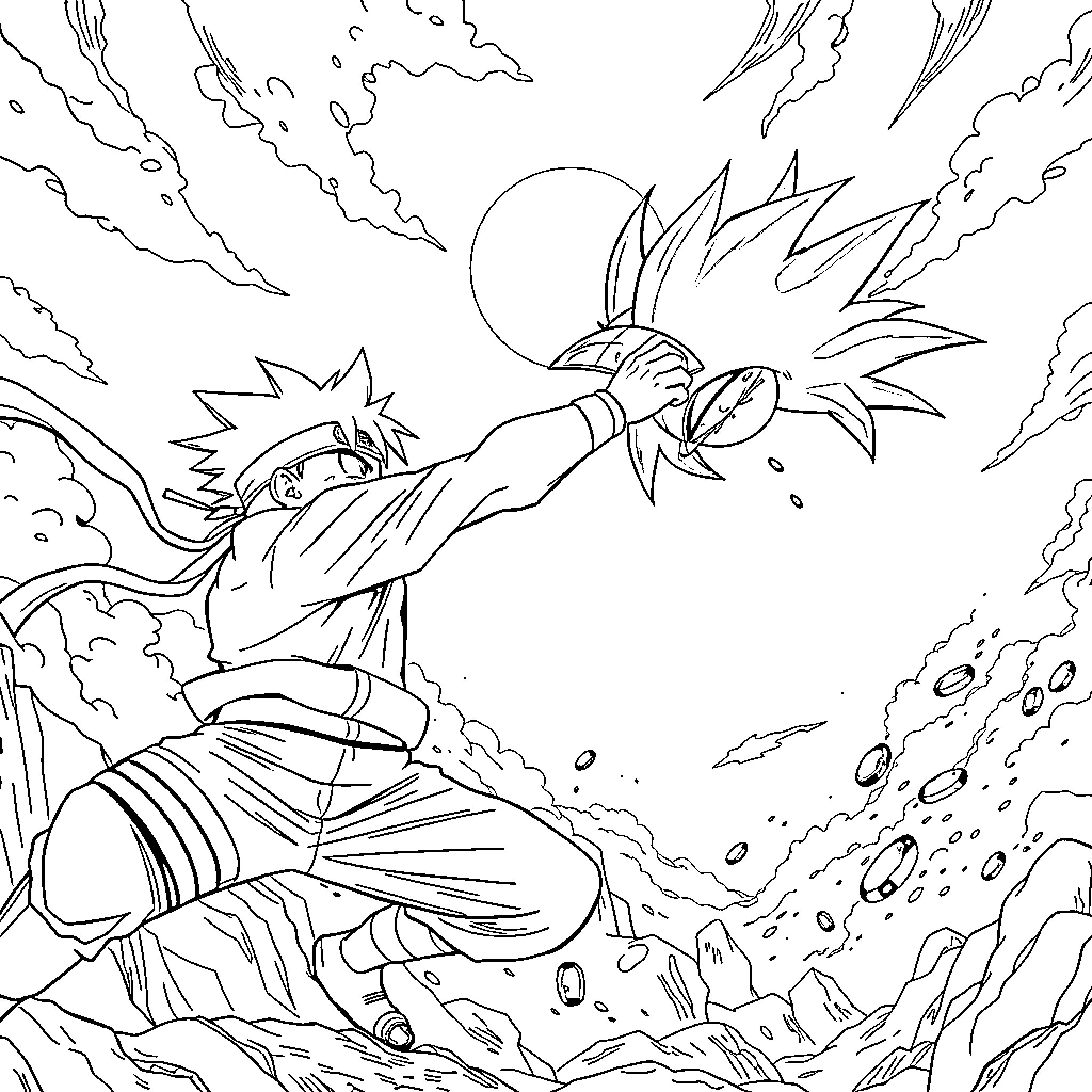 Naruto charging up an intense energy attack Coloring Page (free black-and-white line drawing printable PDF for all, from beginners to advanced learners, including children, teens, adults, and seniors)