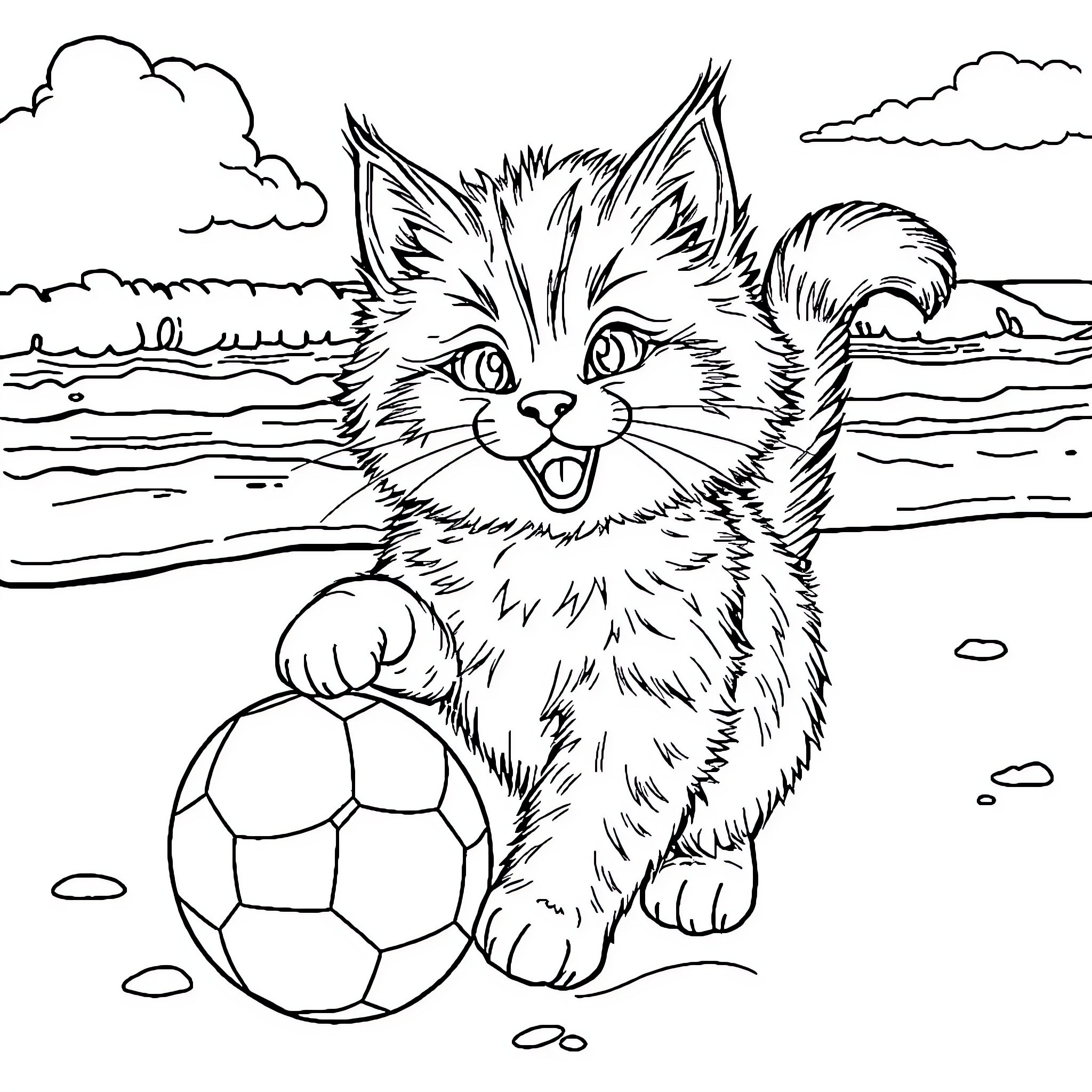 Cat playing with a soccer ball on the beach Coloring Page (free black-and-white line drawing printable PDF for all, from beginners to advanced learners, including children, teens, adults, and seniors)