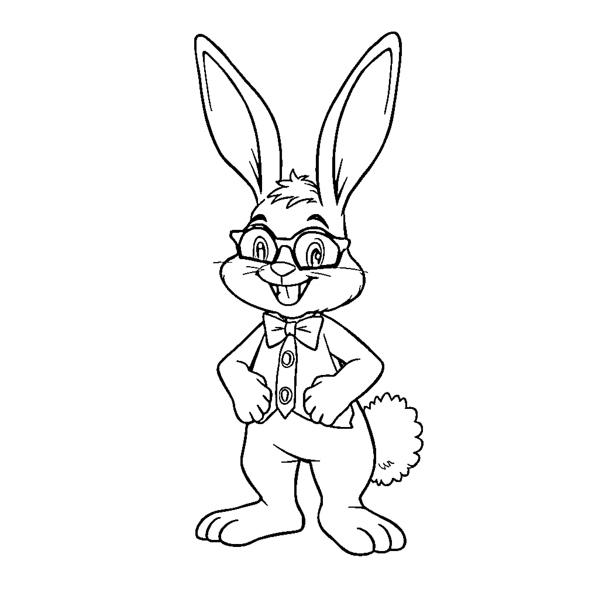 Rabbit wearing a bow tie and glasses Coloring Page (free black-and-white line drawing printable PDF for all, from beginners to advanced learners, including children, teens, adults, and seniors)