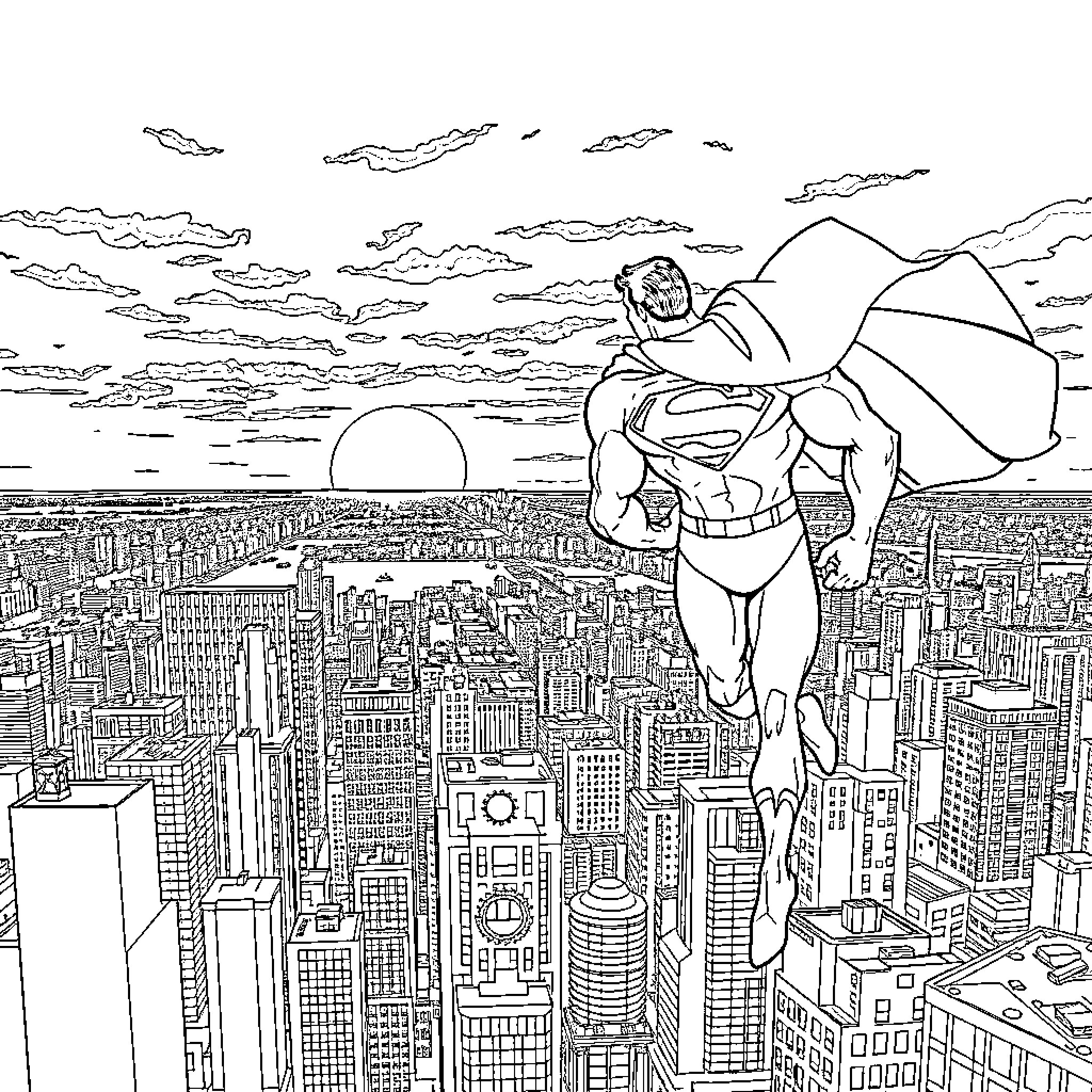 Superman soaring over the city skyline Coloring Page (free black-and-white line drawing printable PDF for all, from beginners to advanced learners, including children, teens, adults, and seniors)