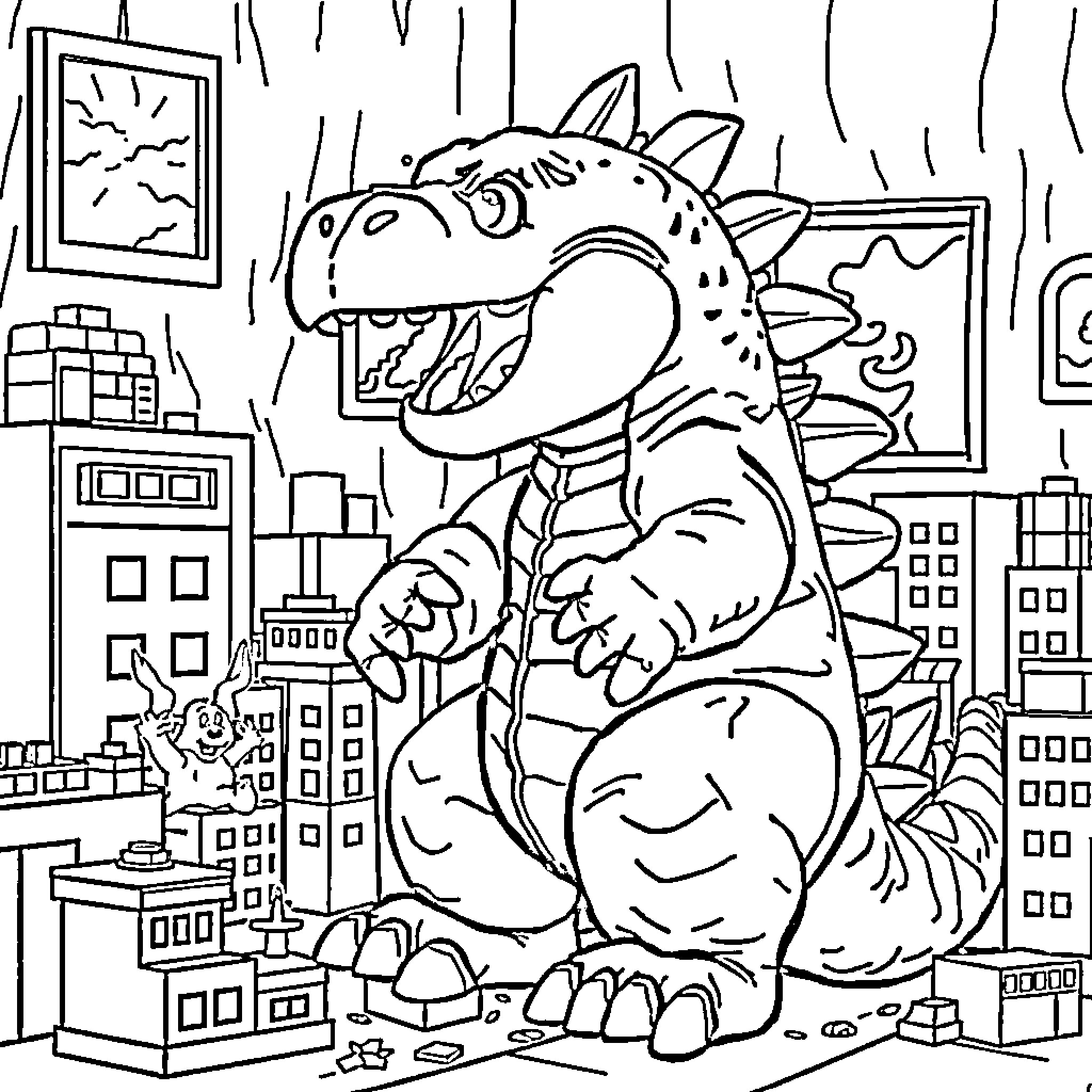 Godzilla stomping through the city with destruction Coloring Page (free black-and-white line drawing printable PDF for all, from beginners to advanced learners, including children, teens, adults, and seniors)