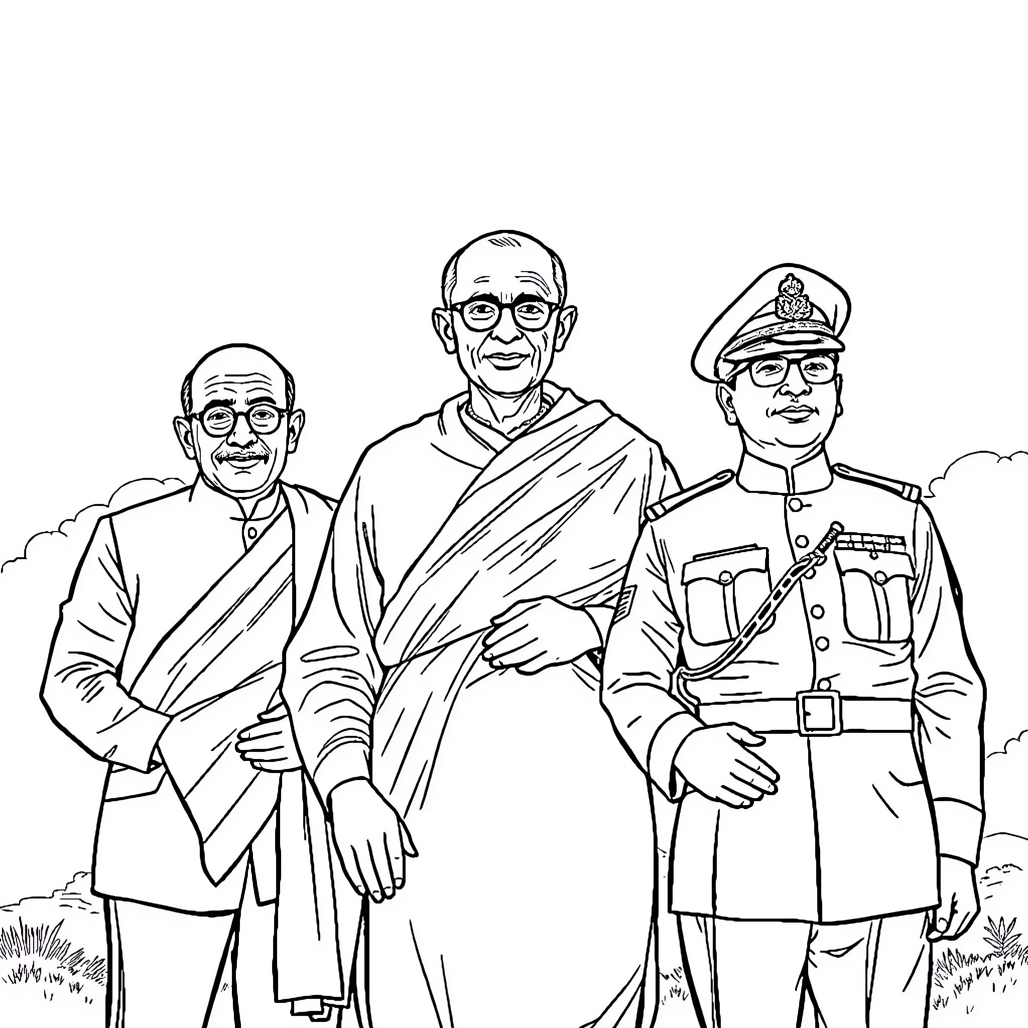 Salman Khan with revered leaders in formal attire Coloring Page (free black-and-white line drawing printable PDF for all, from beginners to advanced learners, including children, teens, adults, and seniors)