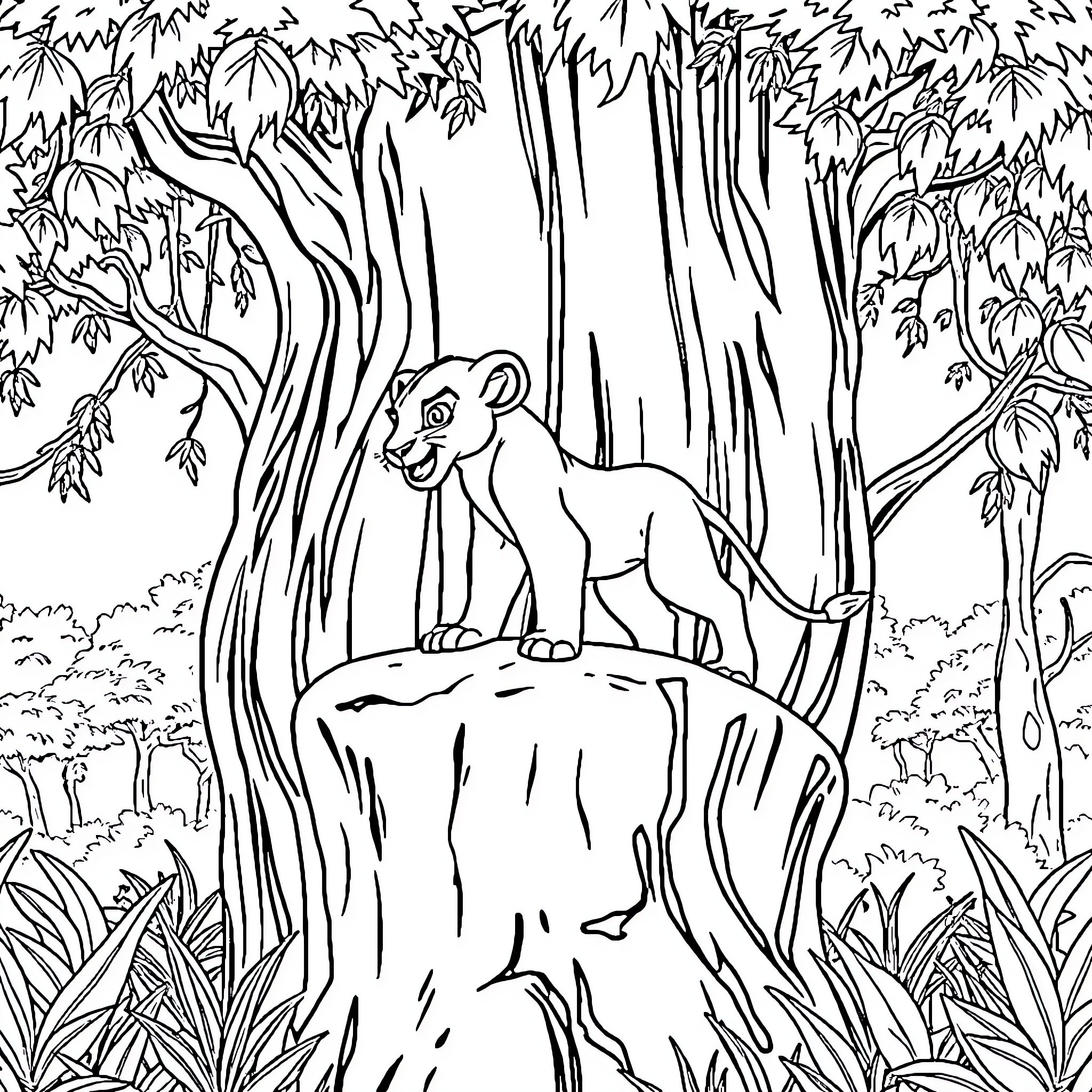 Simba standing tall in the jungle Coloring Page (free black-and-white line drawing printable PDF for all, from beginners to advanced learners, including children, teens, adults, and seniors)