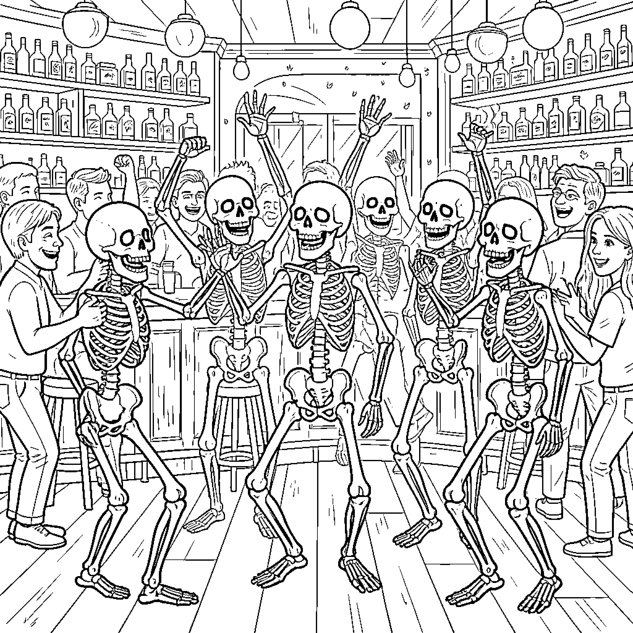 Skeleton group dancing joyfully at a crowded party Coloring Page (free black-and-white line drawing printable PDF for all, from beginners to advanced learners, including children, teens, adults, and seniors)
