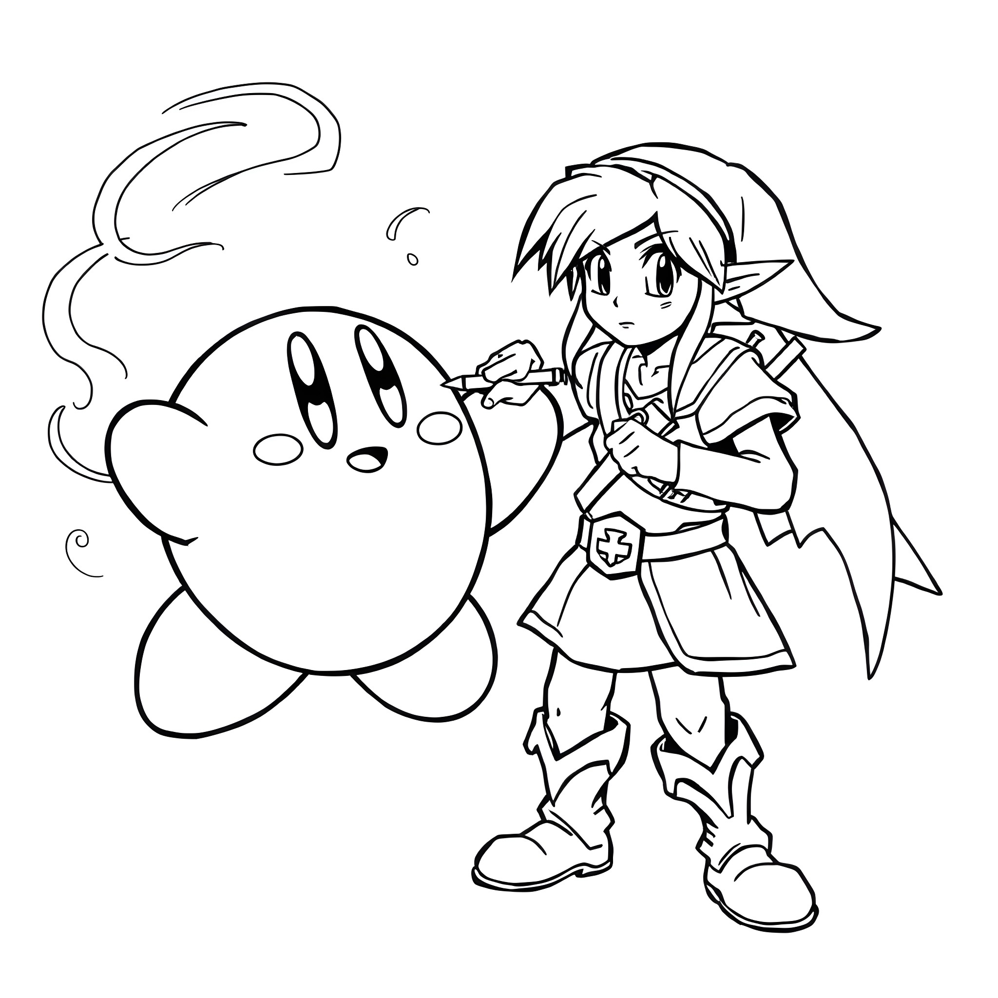 Kirby and the adventurous hero Coloring Page (free black-and-white line drawing printable PDF for all, from beginners to advanced learners, including children, teens, adults, and seniors)