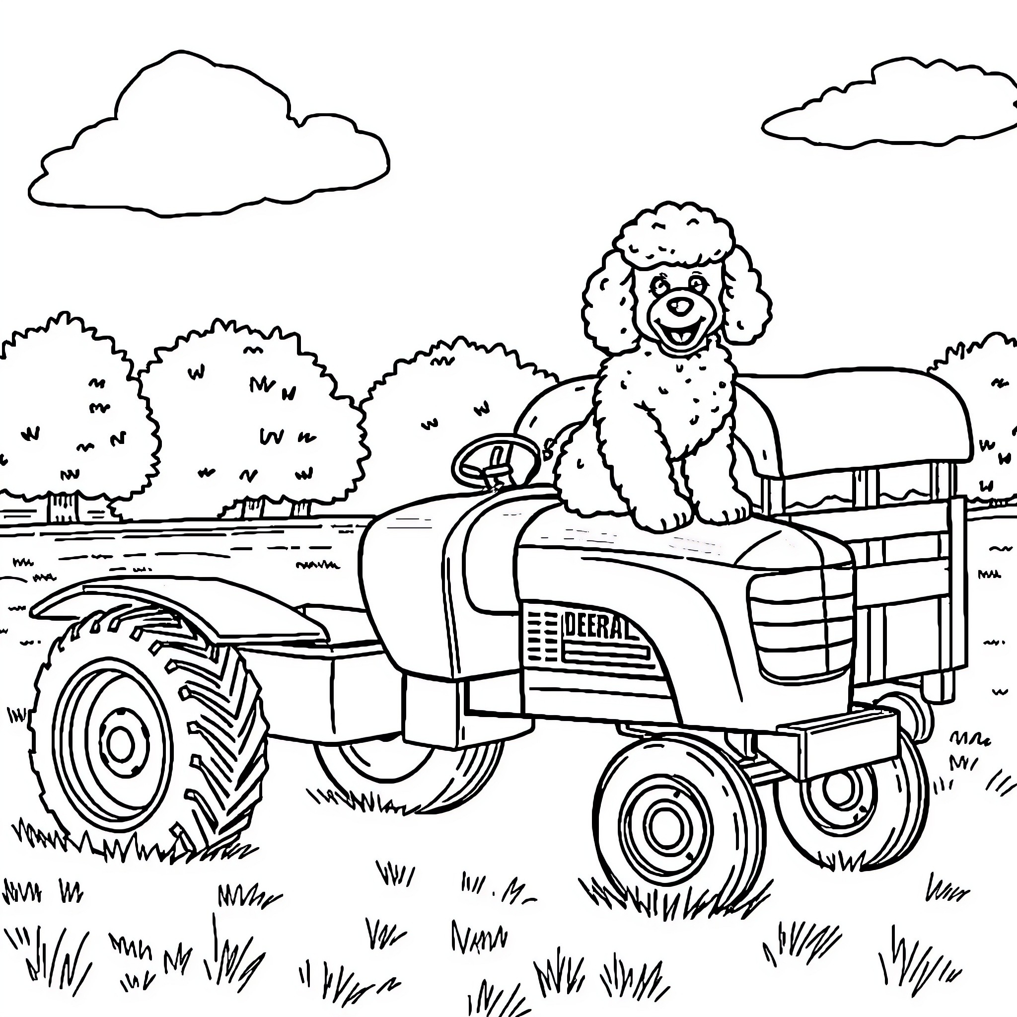 Poodle riding a tractor in a countryside scene Coloring Page (free black-and-white line drawing printable PDF for all, from beginners to advanced learners, including children, teens, adults, and seniors)