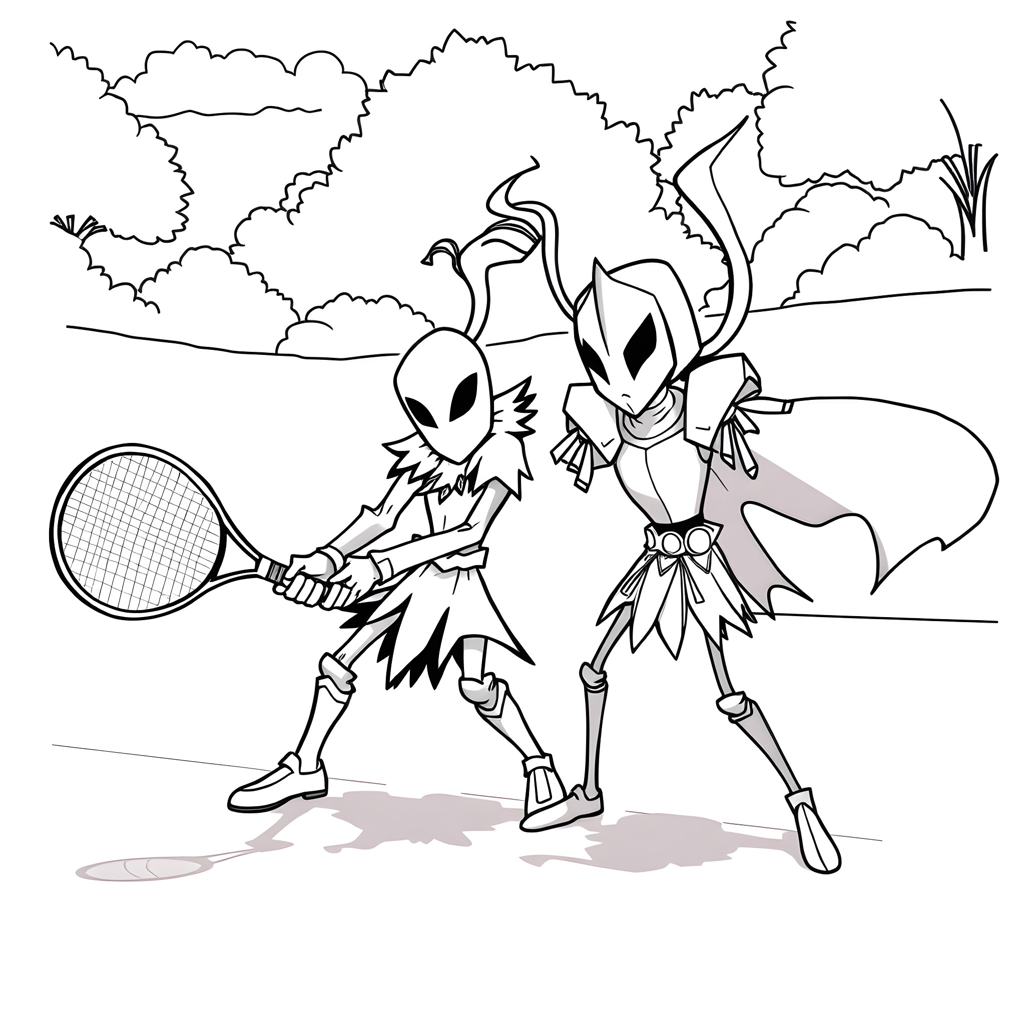 Grimm Alien Tennis Rivals Coloring Page (free black-and-white line drawing printable PDF for all, from beginners to advanced learners, including children, teens, adults, and seniors)