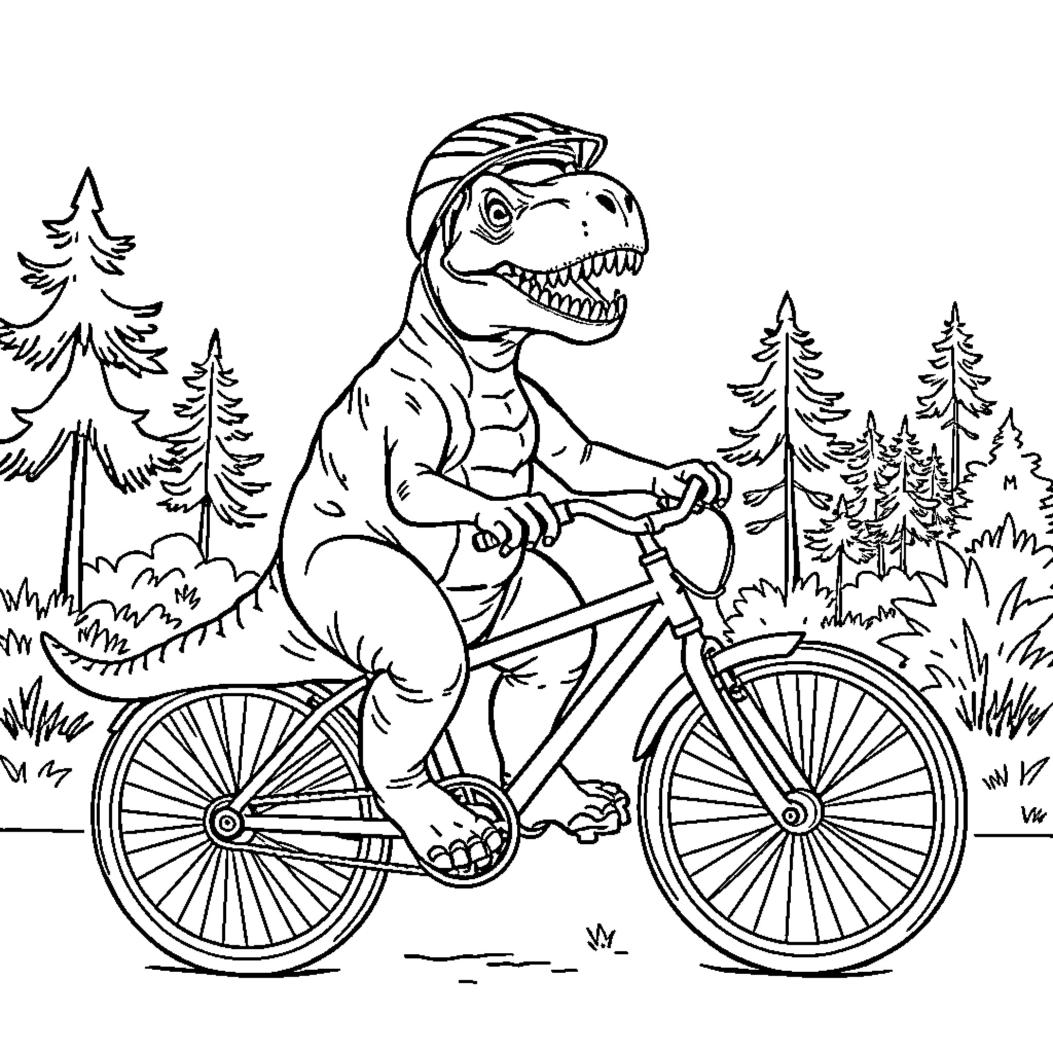 T-Rex Riding a Bicycle in the Forest Coloring Page (free black-and-white line drawing printable PDF for all, from beginners to advanced learners, including children, teens, adults, and seniors)