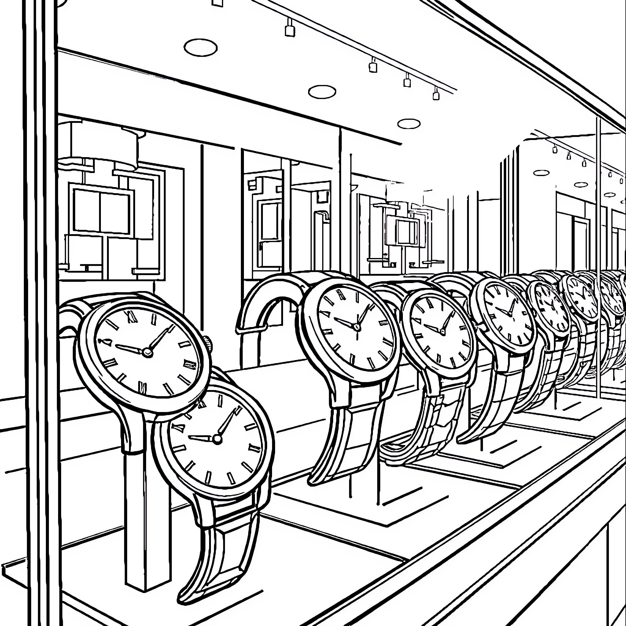 Watch a display of high-end timepieces Coloring Page (free black-and-white line drawing printable PDF for all, from beginners to advanced learners, including children, teens, adults, and seniors)