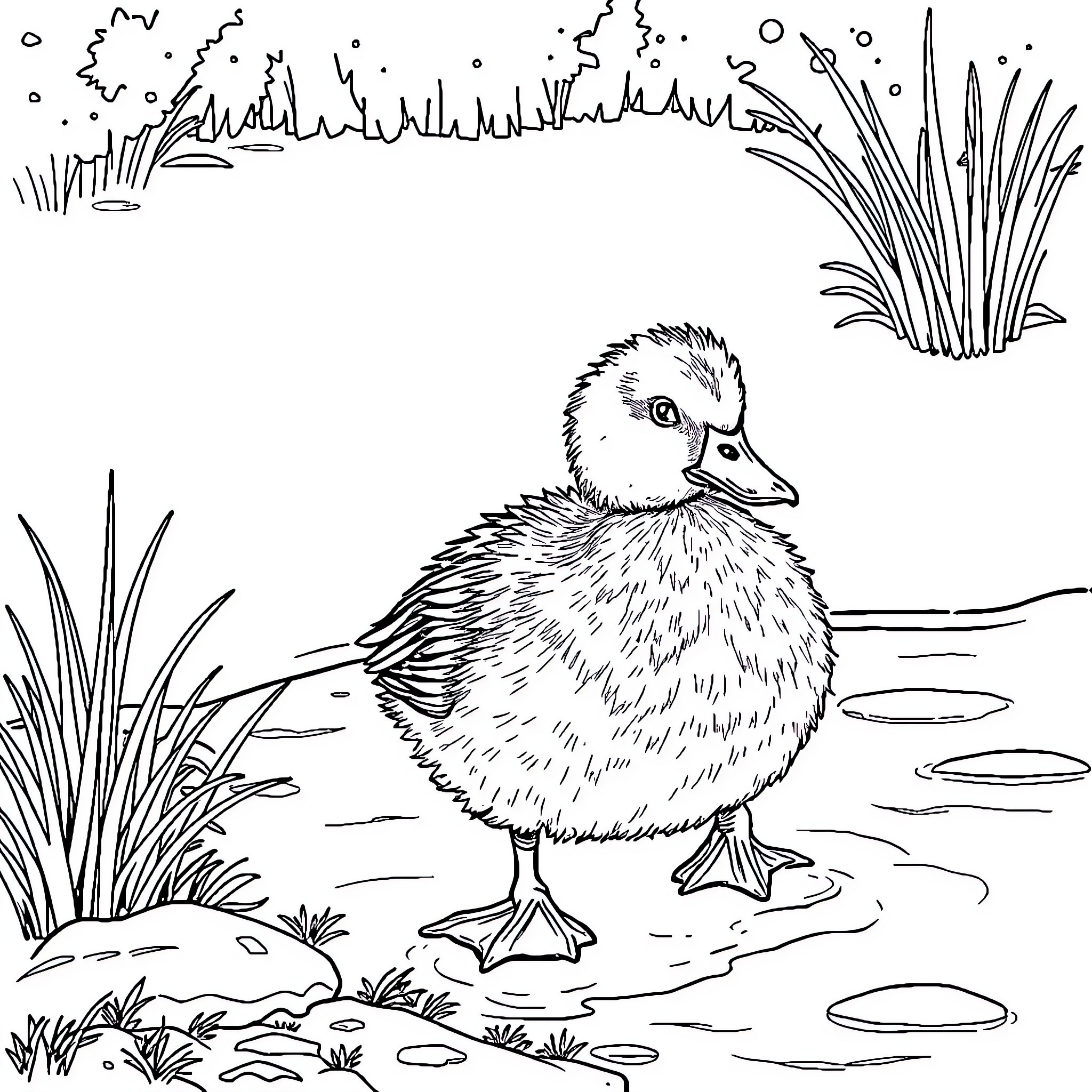 Duck exploring a pond with reeds Coloring Page (free black-and-white line drawing printable PDF for all, from beginners to advanced learners, including children, teens, adults, and seniors)