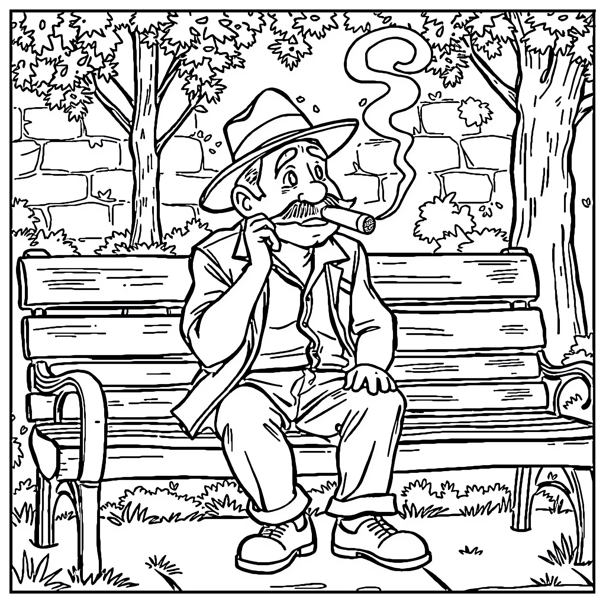 Chavo relaxing on a park bench Coloring Page (free black-and-white line drawing printable PDF for all, from beginners to advanced learners, including children, teens, adults, and seniors)