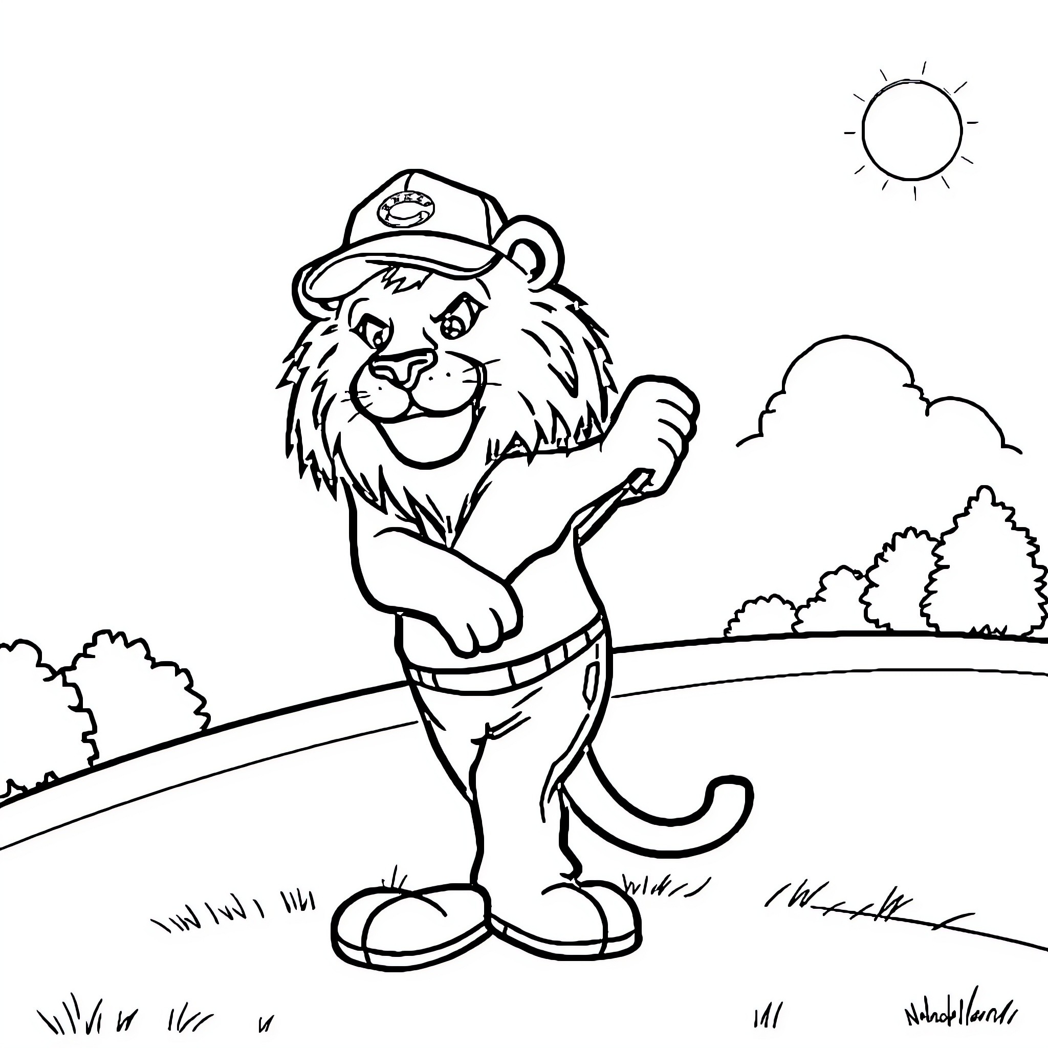 Nittany Lion hiking cheerfully in the outdoors Coloring Page (free black-and-white line drawing printable PDF for all, from beginners to advanced learners, including children, teens, adults, and seniors)